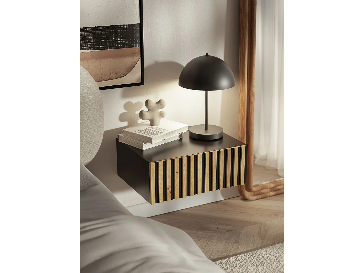 Table de chevet suspendue – tiroir & façade à lamelles – 50 cm – noir/chêne – TELIRE