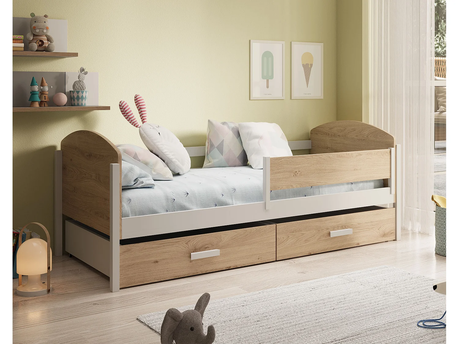 Letto Lena/80x180/materasso e rete a doghe/marrone e bianco