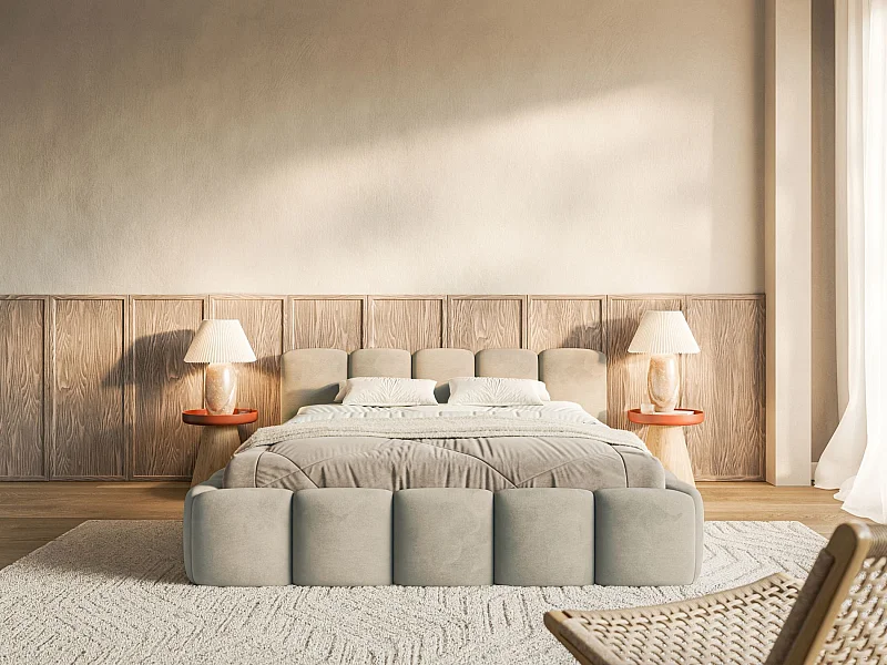 Lit rembourré – 180x200 cm – gris-beige – velours hydrophobe - CLOUDY LOW