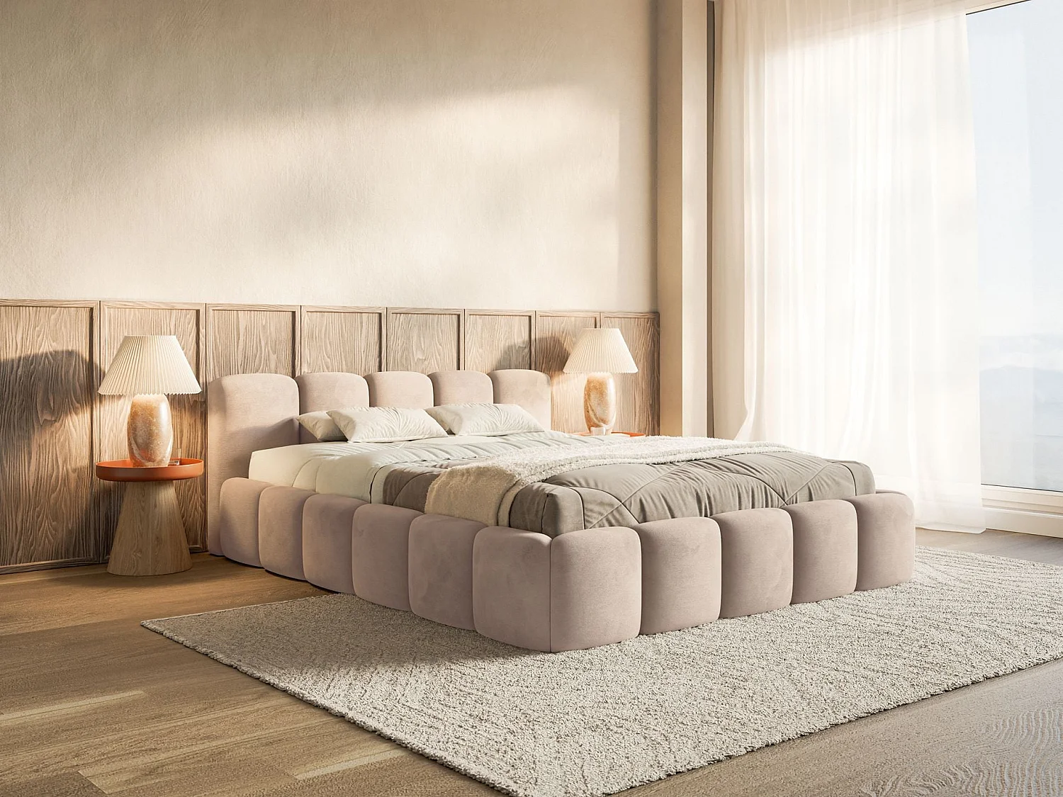 Lit rembourré – 140x200 cm – beige – avec coffre de rangement – velours hydrophobe - CLOUDY LOW