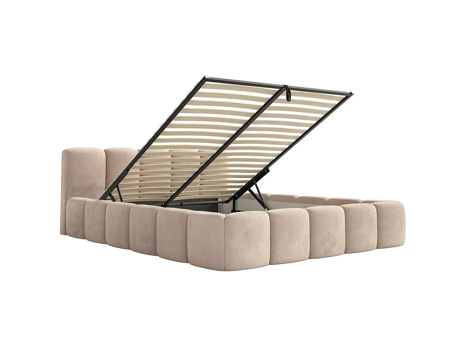 Lit rembourré – 140x200 cm – beige – avec coffre de rangement – velours hydrophobe - CLOUDY LOW