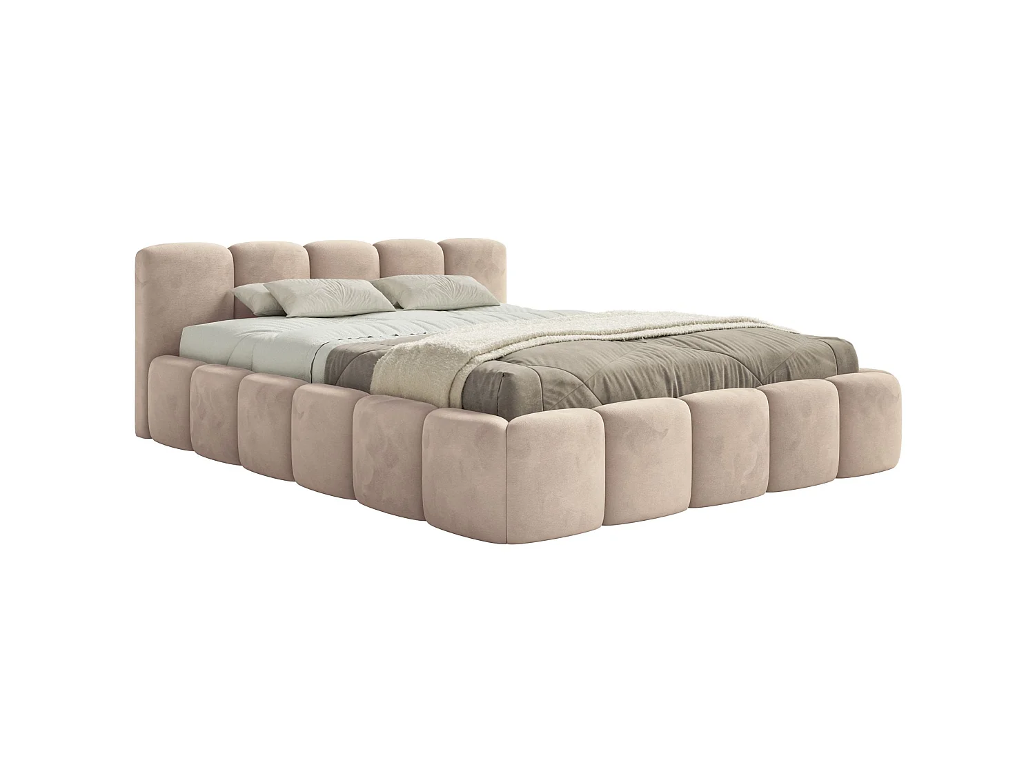 Lit rembourré – 140x200 cm – beige – avec coffre de rangement – velours hydrophobe - CLOUDY LOW