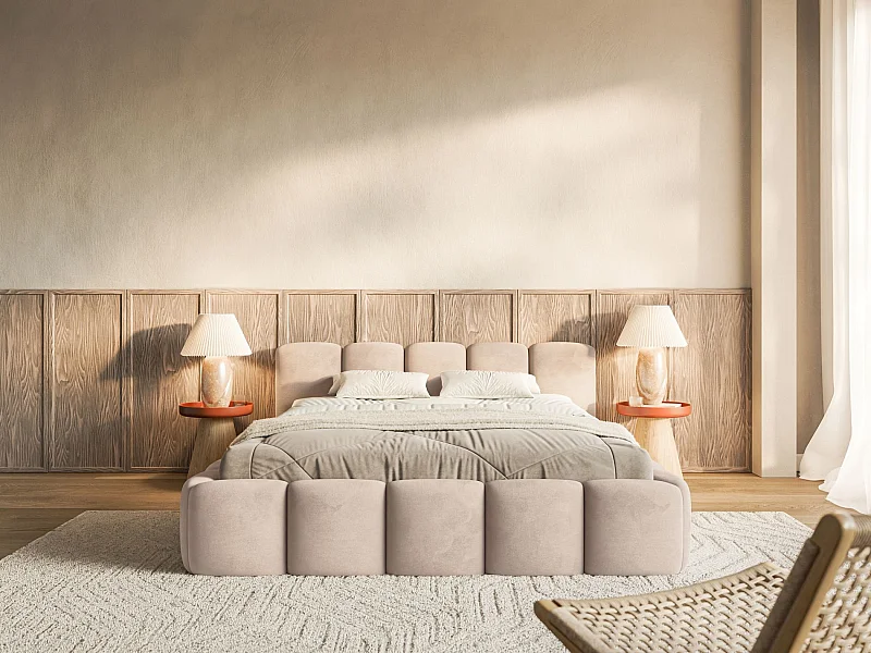 Lit rembourré – 140x200 cm – beige – avec coffre de rangement – velours hydrophobe - CLOUDY LOW