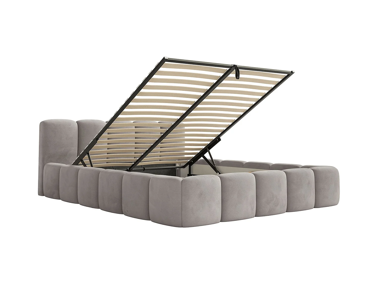 Lit rembourré – 140x200 cm – gris clair – avec coffre de rangement – velours hydrophobe - CLOUDY LOW