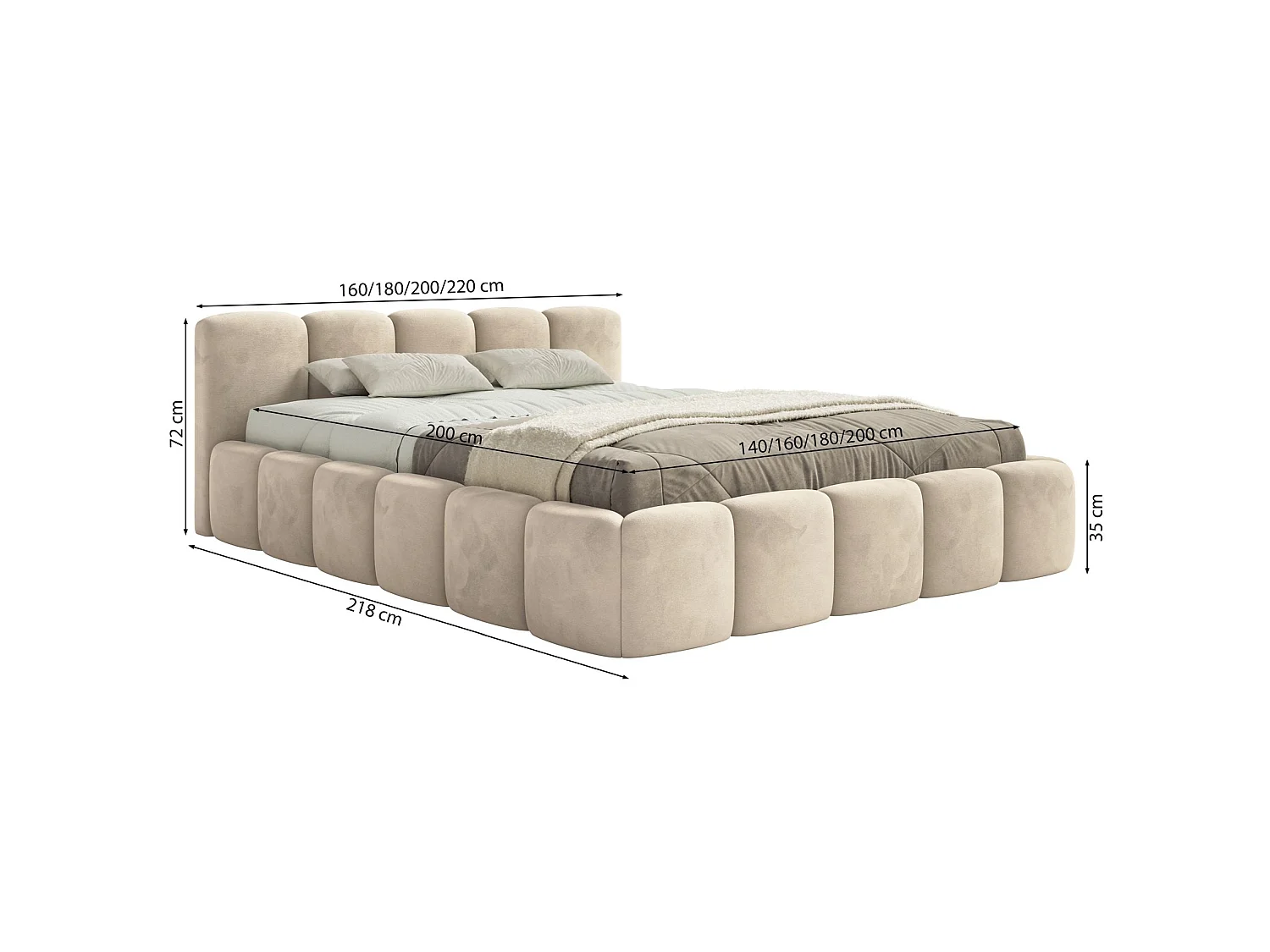 Lit rembourré – 140x200 cm – gris clair – avec coffre de rangement – velours hydrophobe - CLOUDY LOW