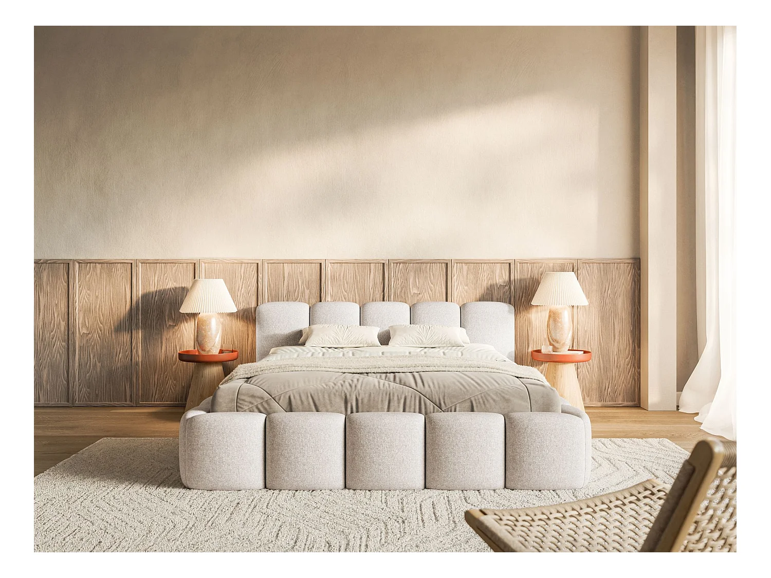 Lit rembourré – 180x200 cm – beige clair – chenille hydrophobe - CLOUDY LOW