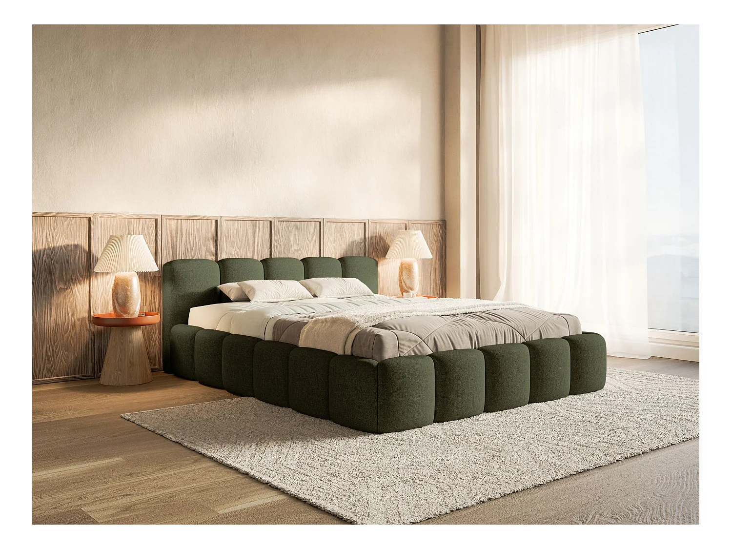 Lit rembourré – 200x200 cm – olive – chenille hydrophobe - CLOUDY LOW