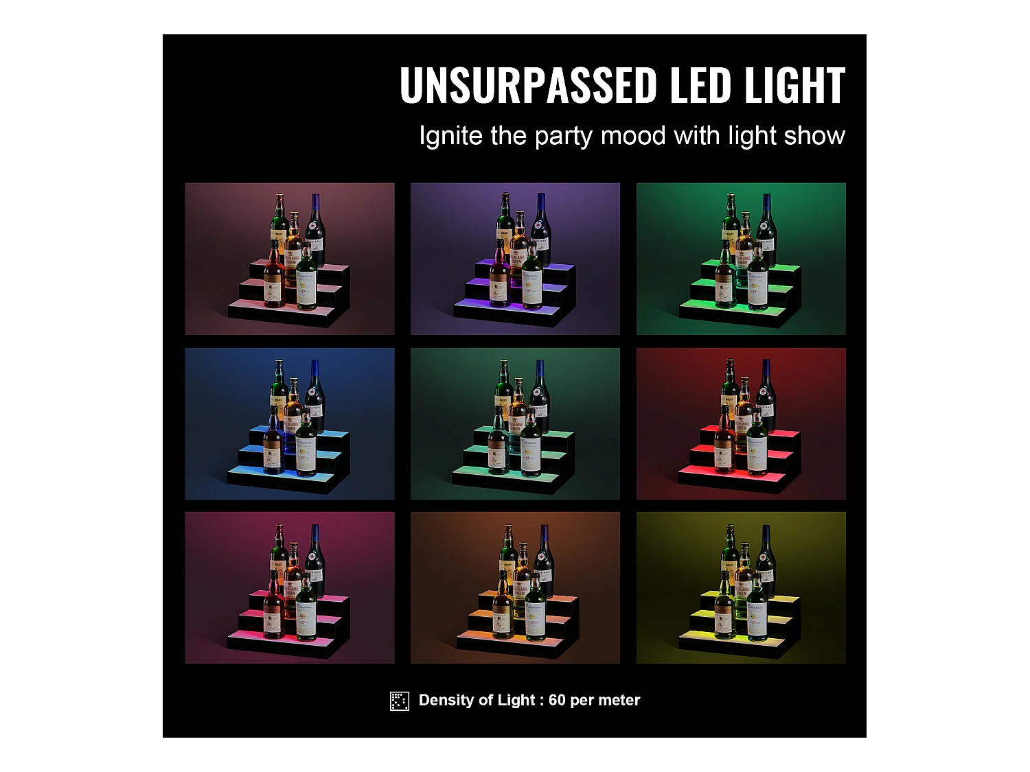 Présentoir à Bouteilles d'Alcool Éclairé à LED SucceBuy, Étagère de Bar, 40 cm, 3 Étapes