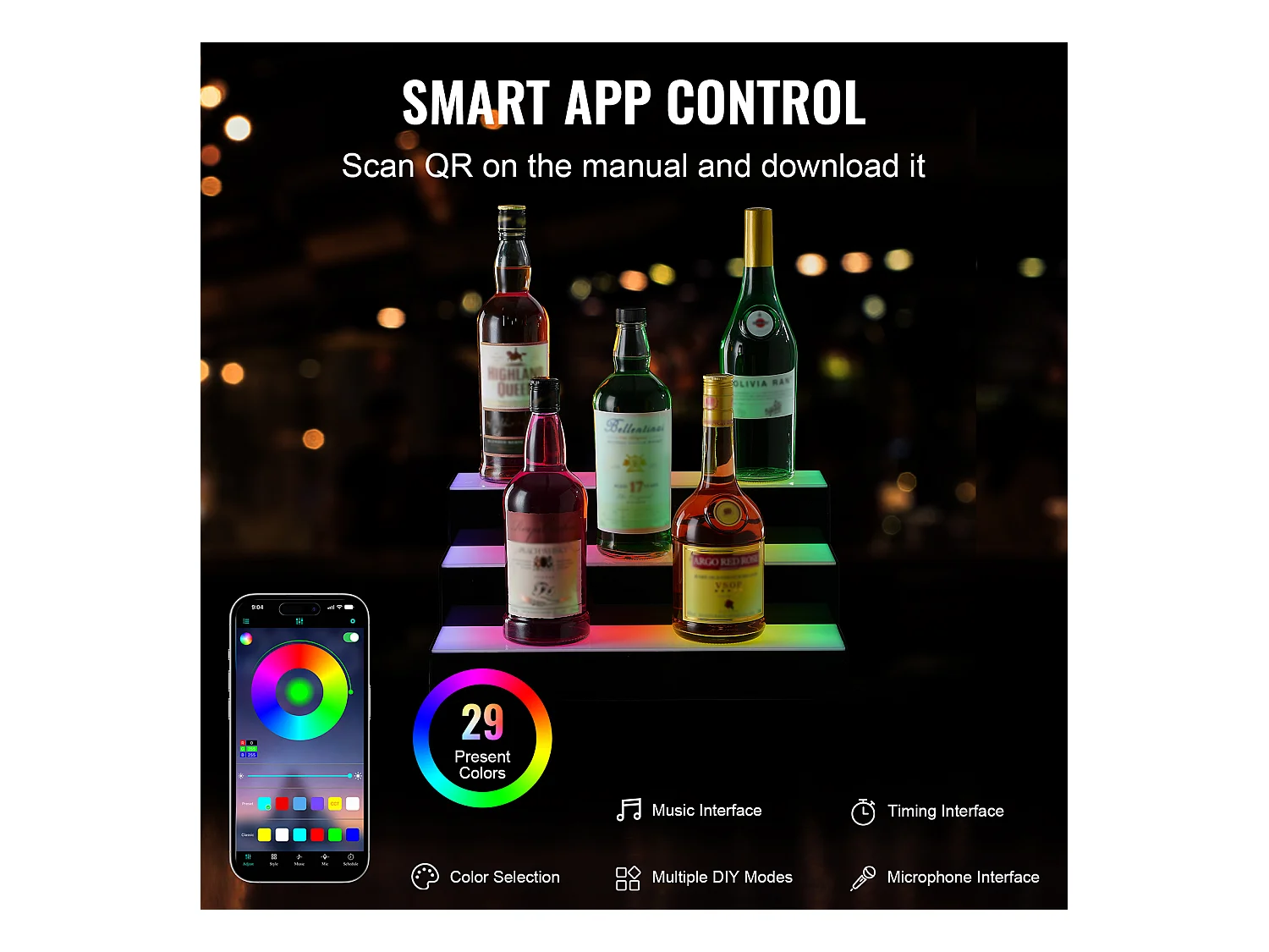 Présentoir à Bouteilles d'Alcool Éclairé à LED SucceBuy, Étagère de Bar, 40 cm, 3 Étapes