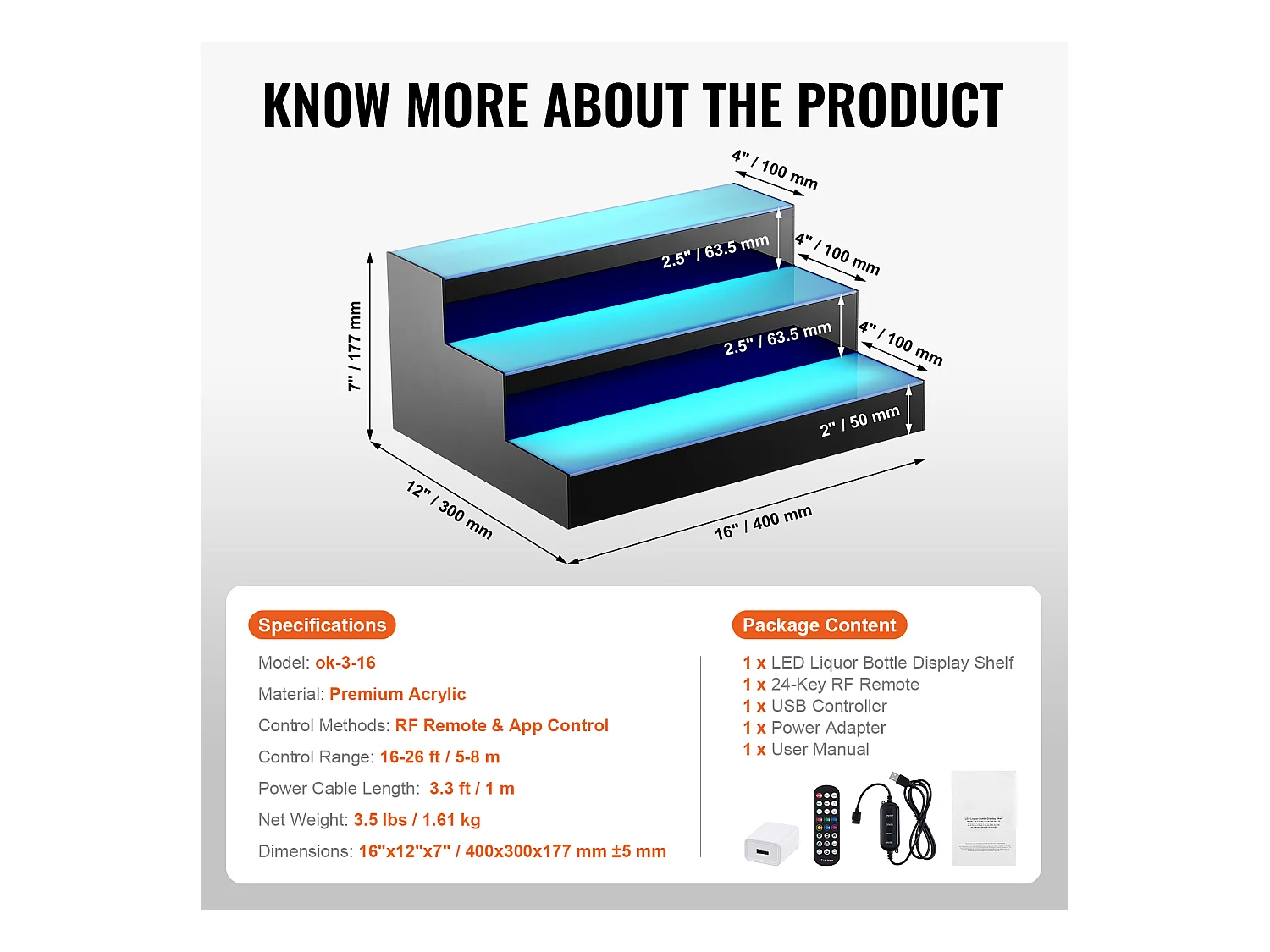 Présentoir à Bouteilles d'Alcool Éclairé à LED SucceBuy, Étagère de Bar, 40 cm, 3 Étapes