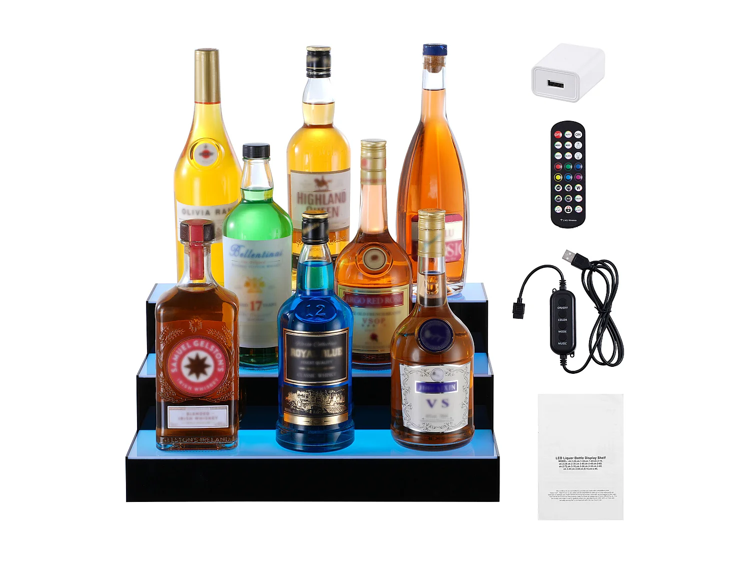 Présentoir à Bouteilles d'Alcool Éclairé à LED SucceBuy, Étagère de Bar, 40 cm, 3 Étapes