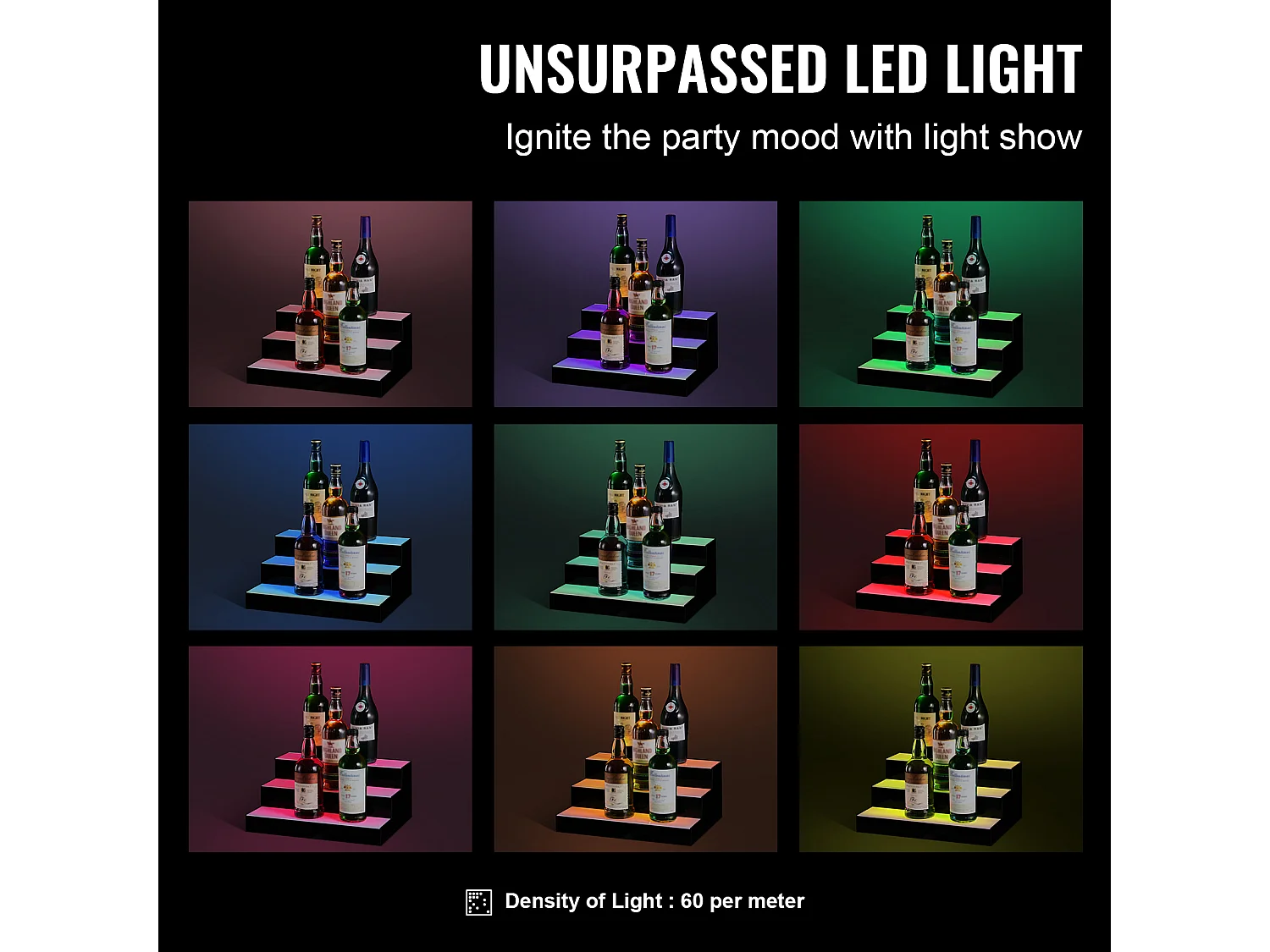 Présentoir à Bouteilles d'Alcool Éclairé à LED SucceBuy, Étagère de Bar, 40 cm, 3 Étapes