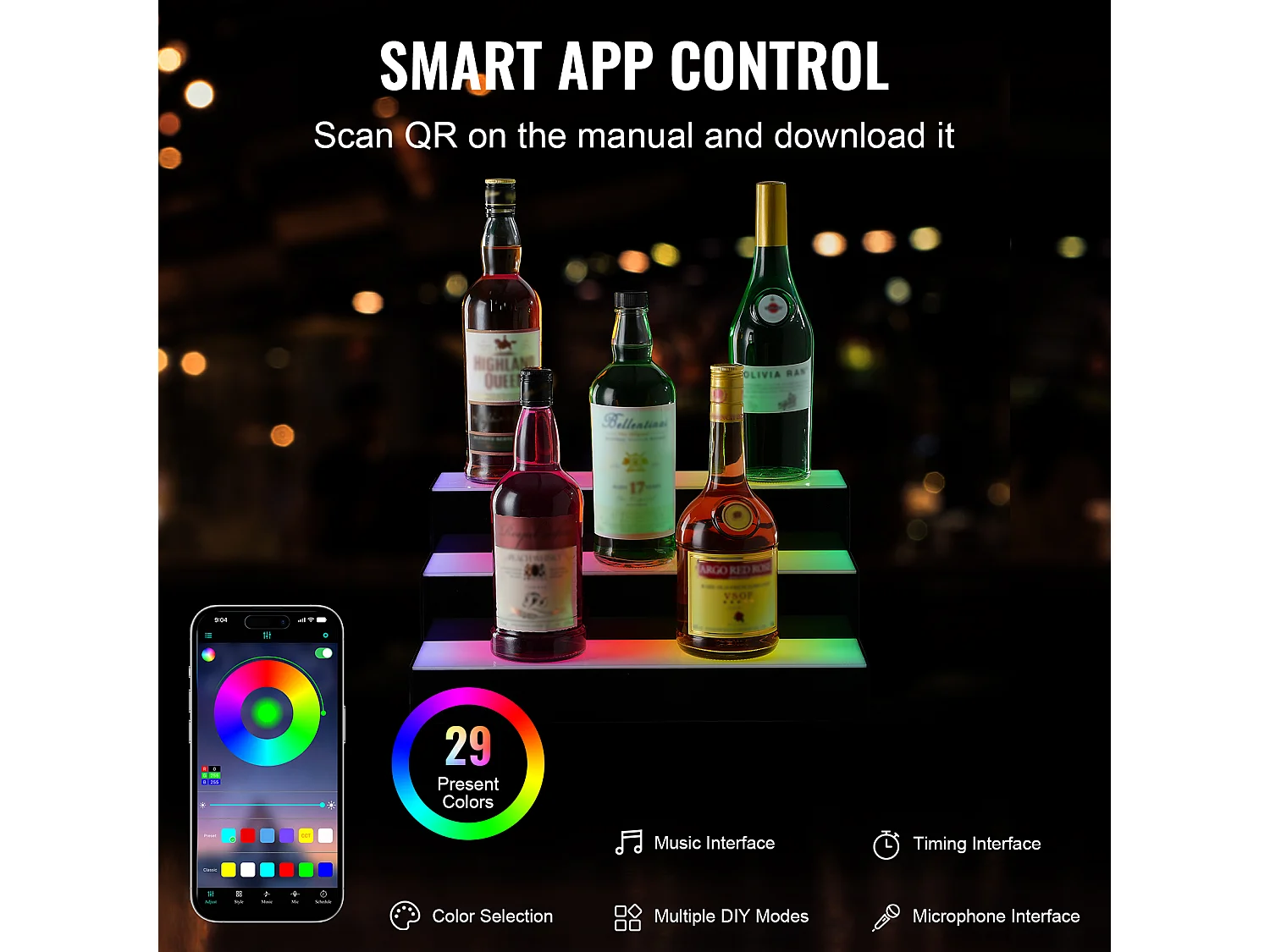 Présentoir à Bouteilles d'Alcool Éclairé à LED SucceBuy, Étagère de Bar, 40 cm, 3 Étapes