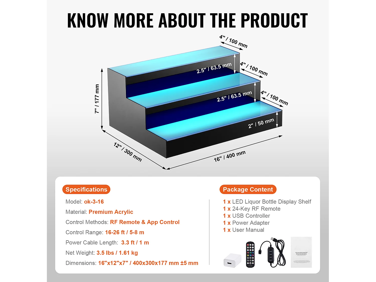 Présentoir à Bouteilles d'Alcool Éclairé à LED SucceBuy, Étagère de Bar, 40 cm, 3 Étapes