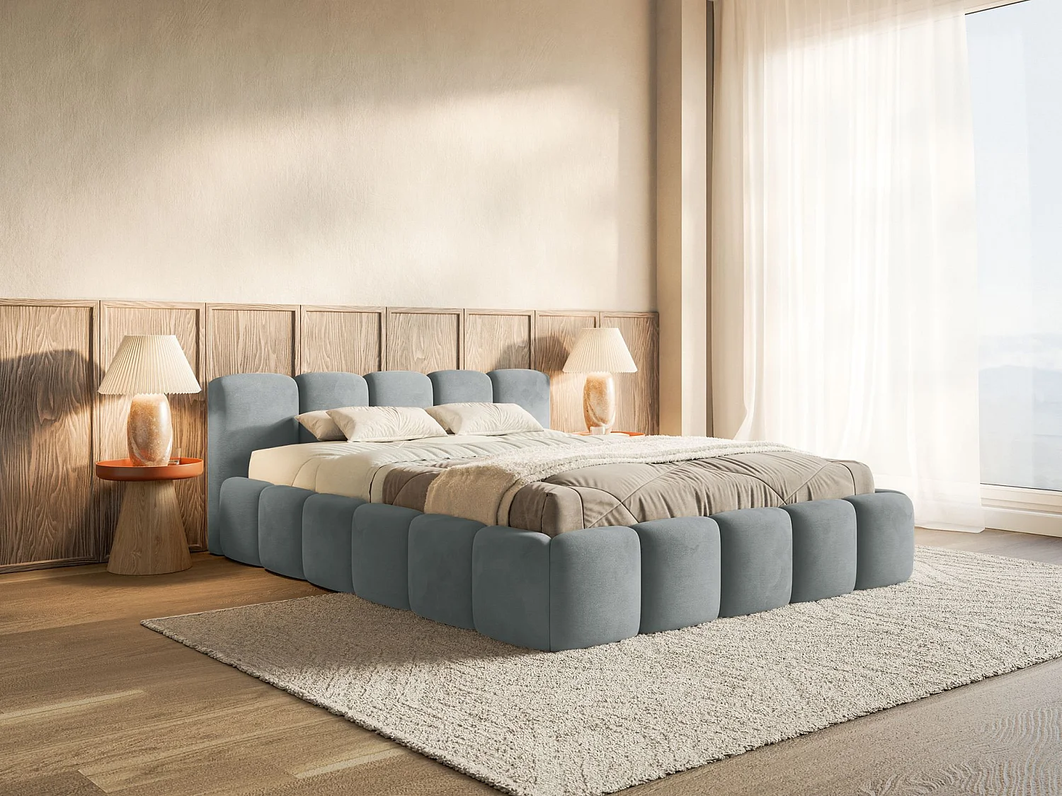 Lit rembourré – 160x200 cm – gris – avec coffre de rangement – velours hydrophobe - CLOUDY LOW