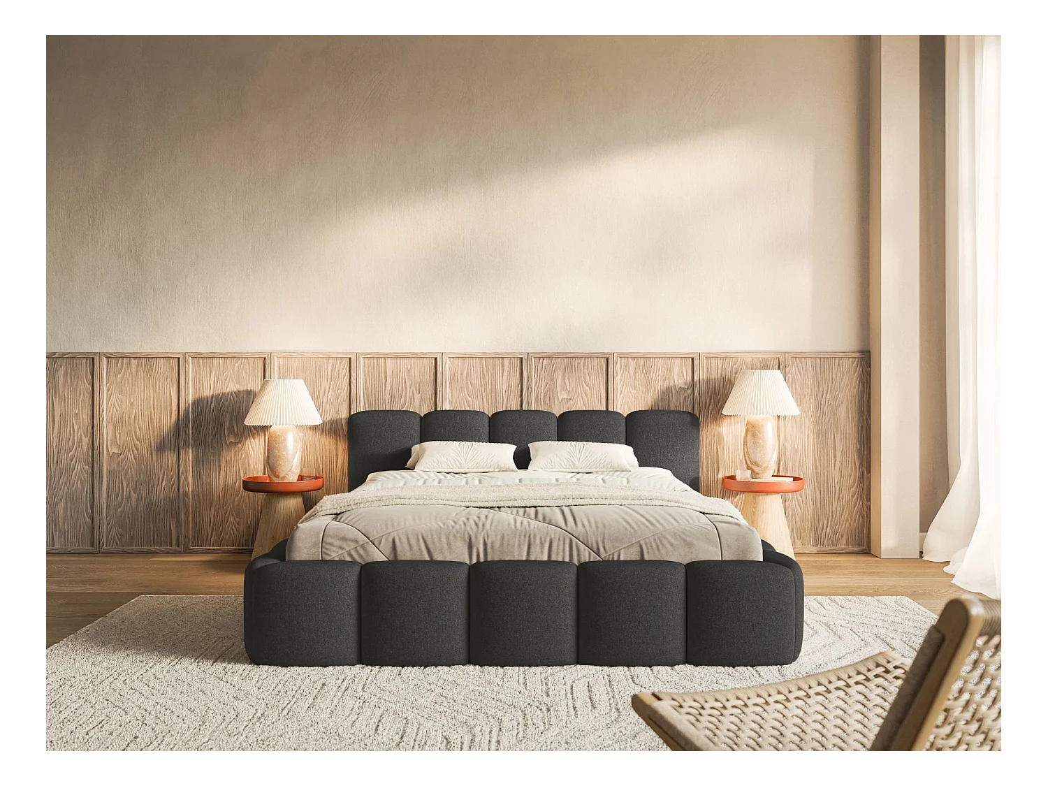 Lit rembourré – 140x200 cm – graphite – chenille hydrophobe - CLOUDY LOW