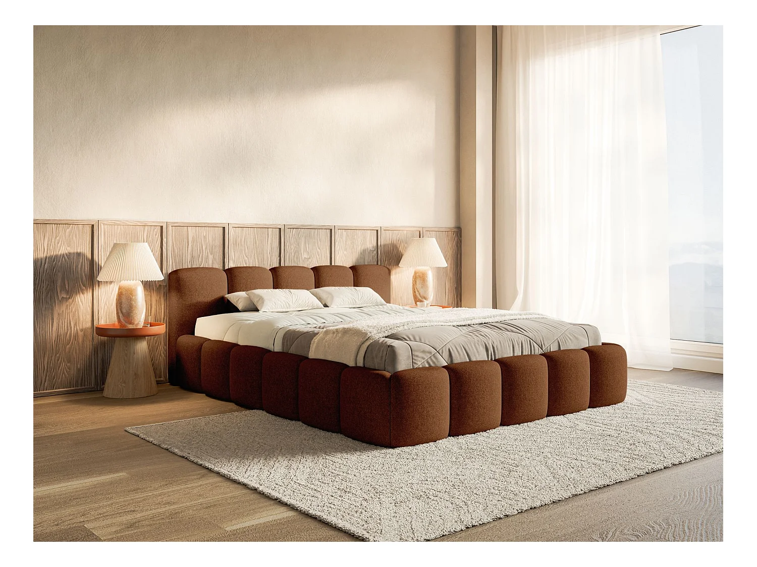 Lit rembourré – 140x200 cm – cuivre – chenille hydrophobe - CLOUDY LOW