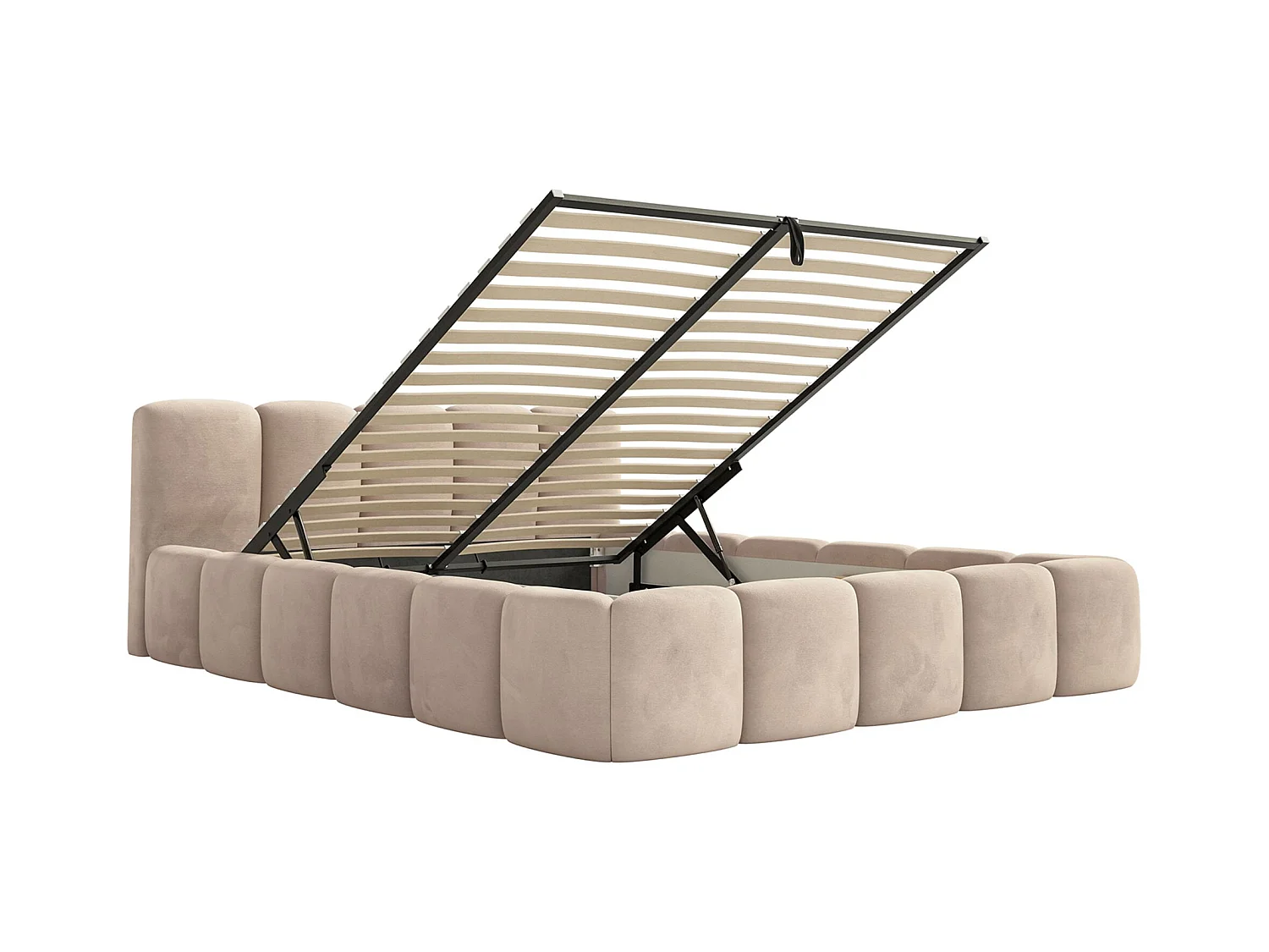 Lit rembourré – 160x200 cm – beige – avec coffre de rangement – velours hydrophobe - CLOUDY LOW