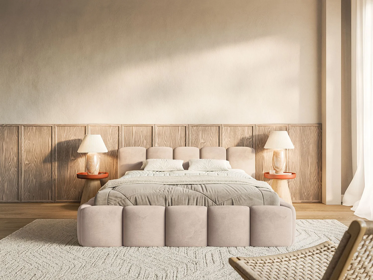 Lit rembourré – 140x200 cm – beige – velours hydrophobe - CLOUDY LOW