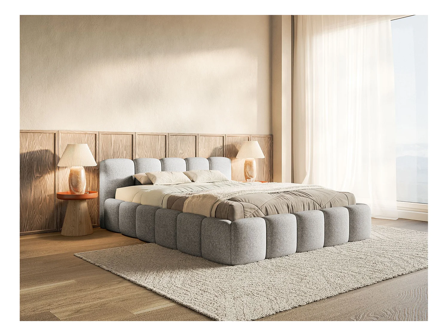 Lit rembourré – 140x200 cm – gris clair – chenille hydrophobe - CLOUDY LOW