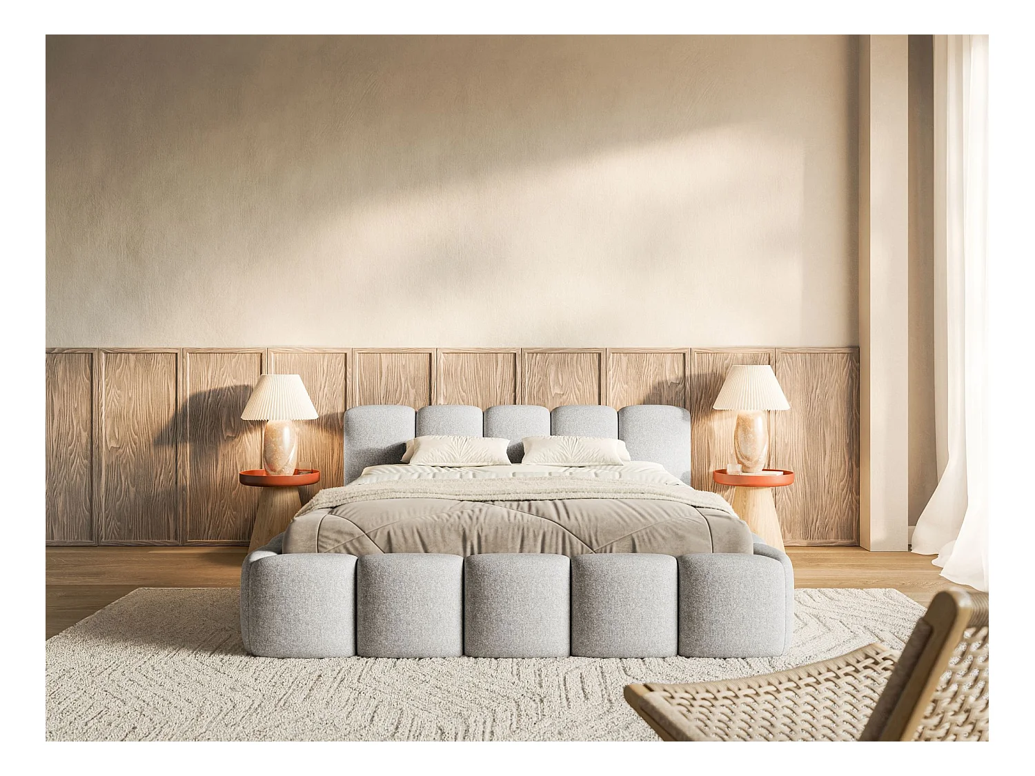 Lit rembourré – 140x200 cm – gris clair – chenille hydrophobe - CLOUDY LOW