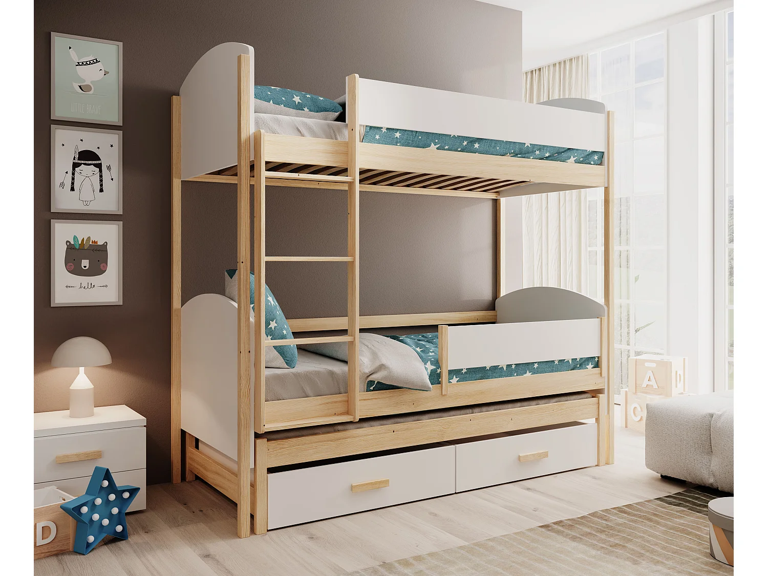 Bett Corra/3xSchlafflächen/Matratze&Lattenrost/Weiss&Braun