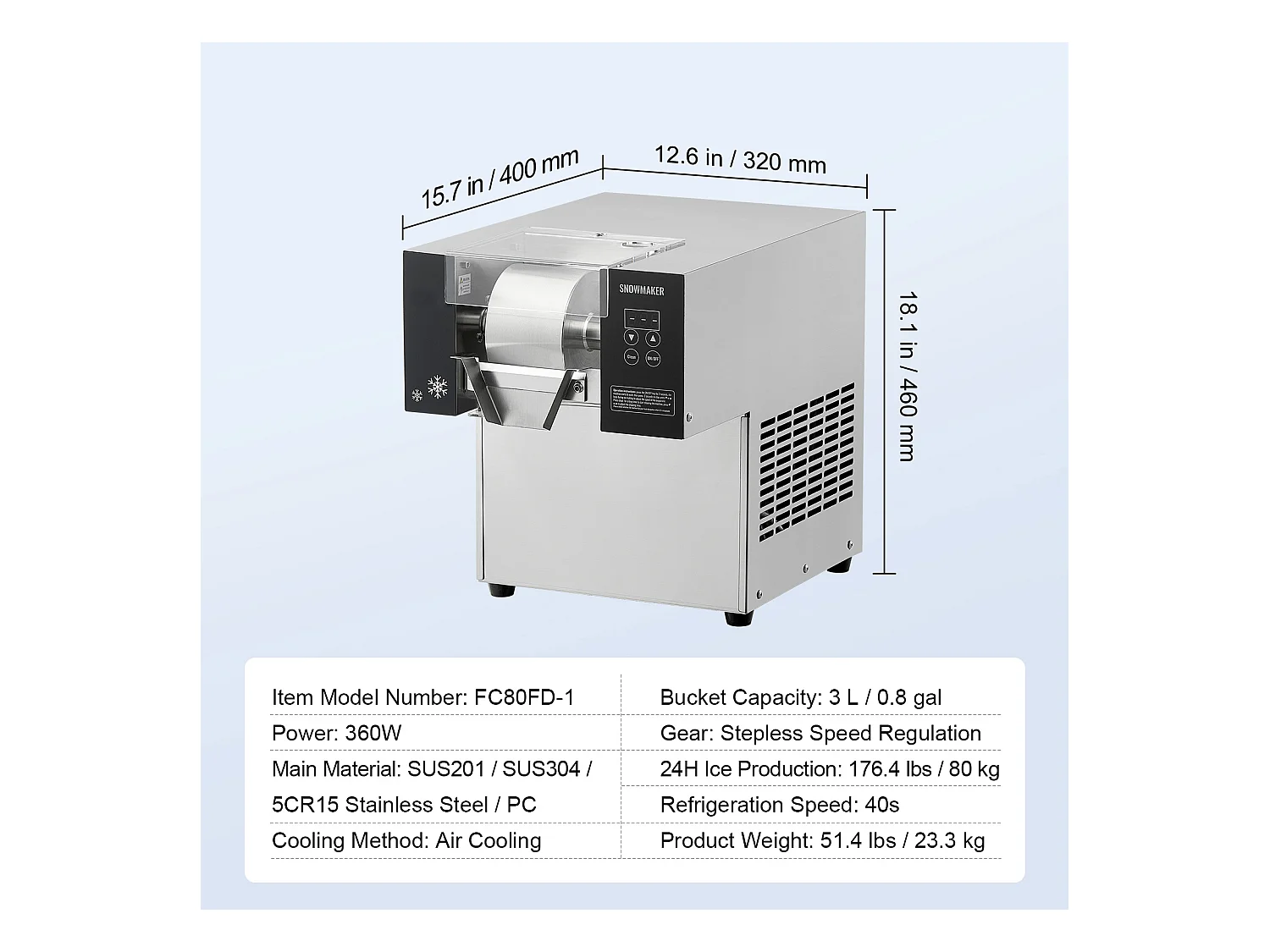 Commerciële Sneeuwvlokjes Ijsmachine SucceBuy, 80 kg/24u in RVS, voor Bakkerijen en Cafés