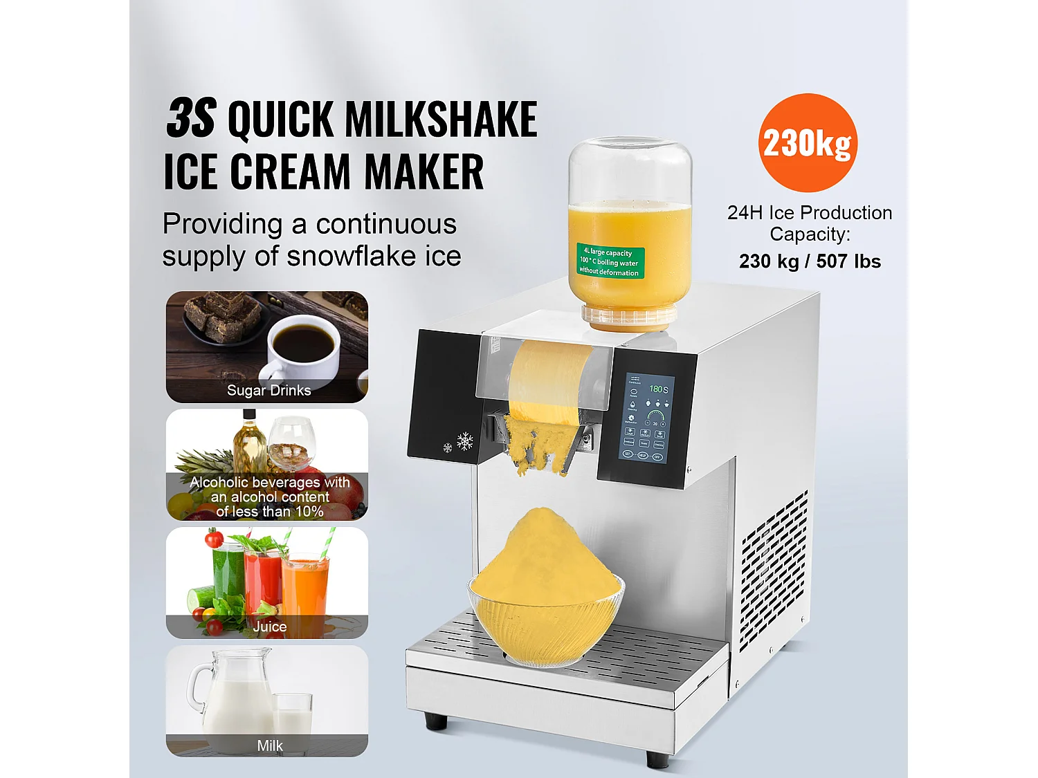 Machine à Glaçons Commerciale SucceBuy en Flocons de Neige, 230 kg/24 H en Acier Inoxydable, pour Boulangerie et Café