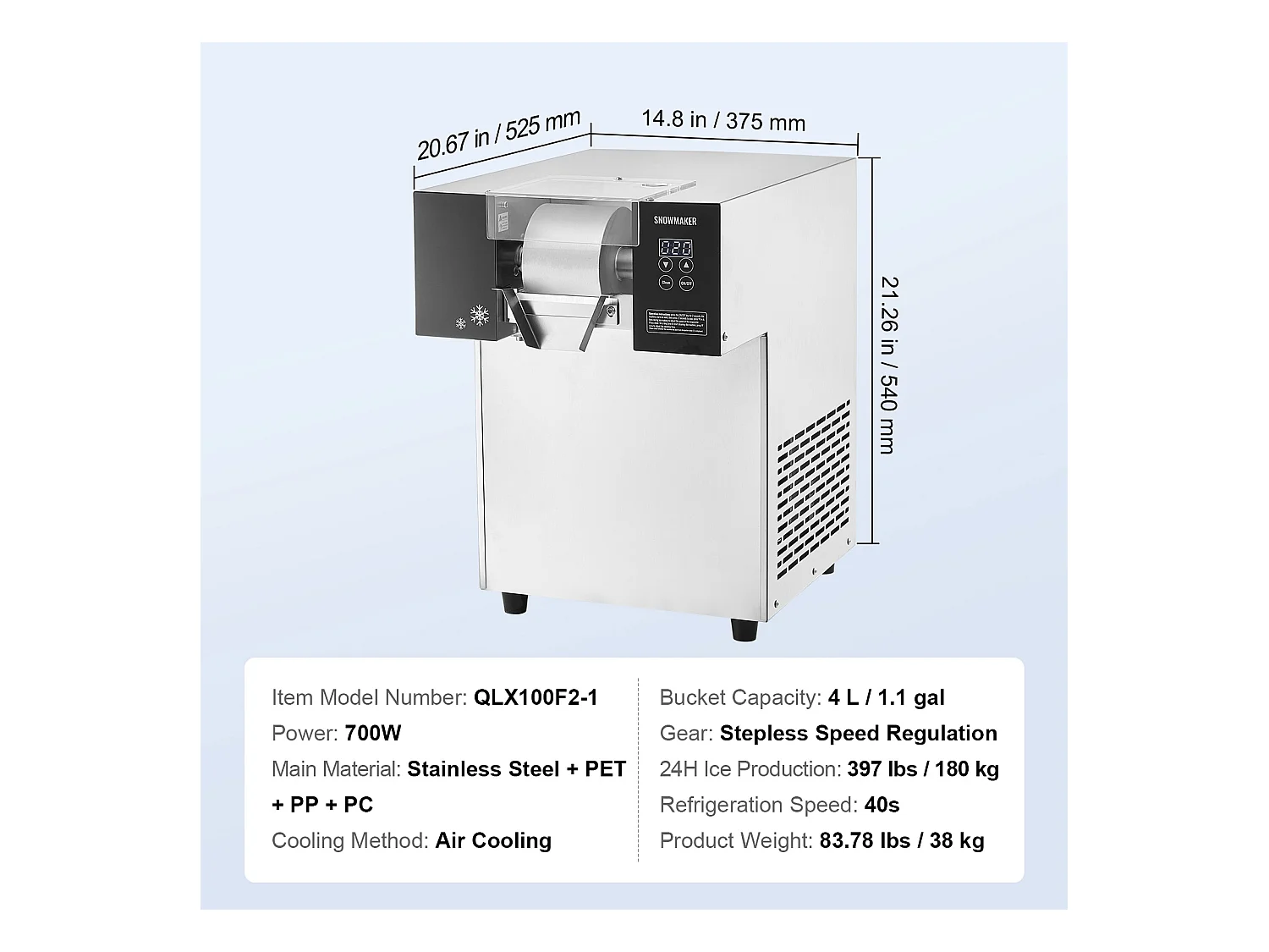 Commerciële Sneeuwvlokjes Ijsmachine SucceBuy, 180 kg/24u in RVS, voor Bakkerijen en Cafés