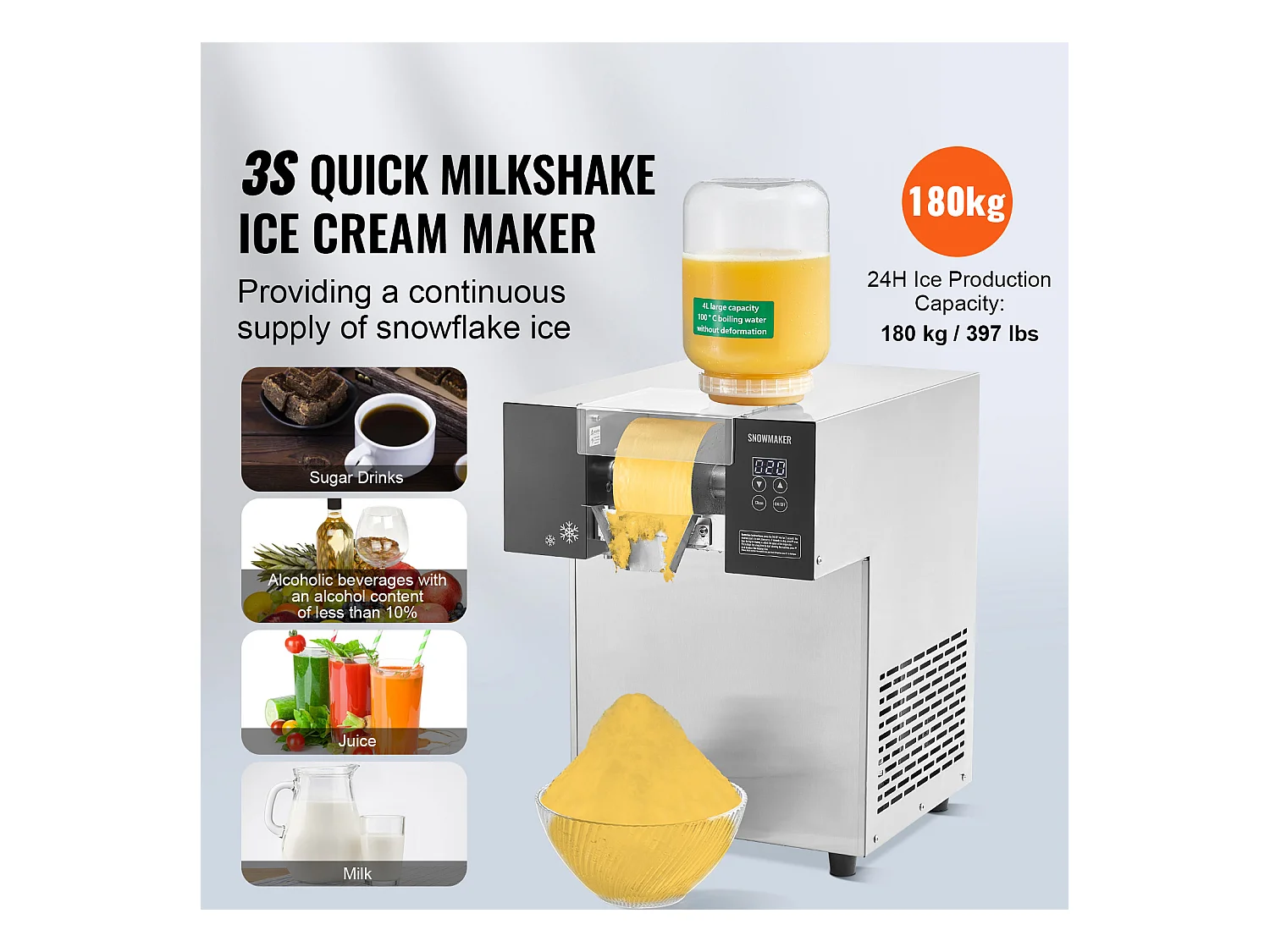 Commerciële Sneeuwvlokjes Ijsmachine SucceBuy, 180 kg/24u in RVS, voor Bakkerijen en Cafés