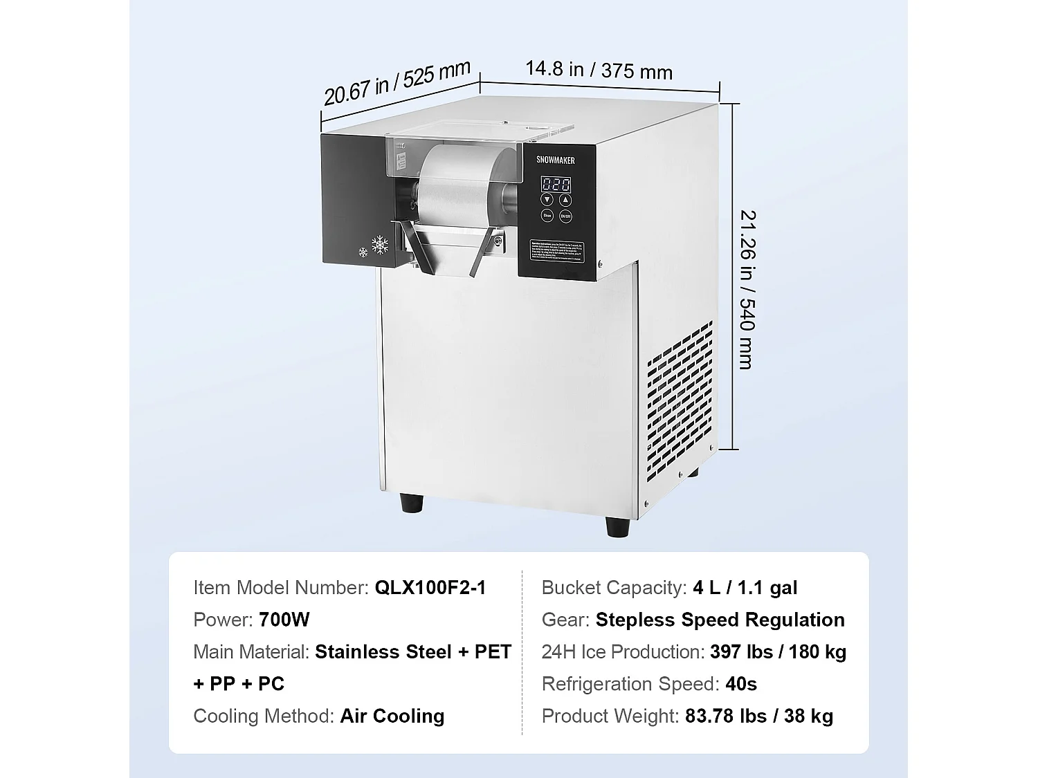 Commerciële Sneeuwvlokjes Ijsmachine SucceBuy, 180 kg/24u in RVS, voor Bakkerijen en Cafés