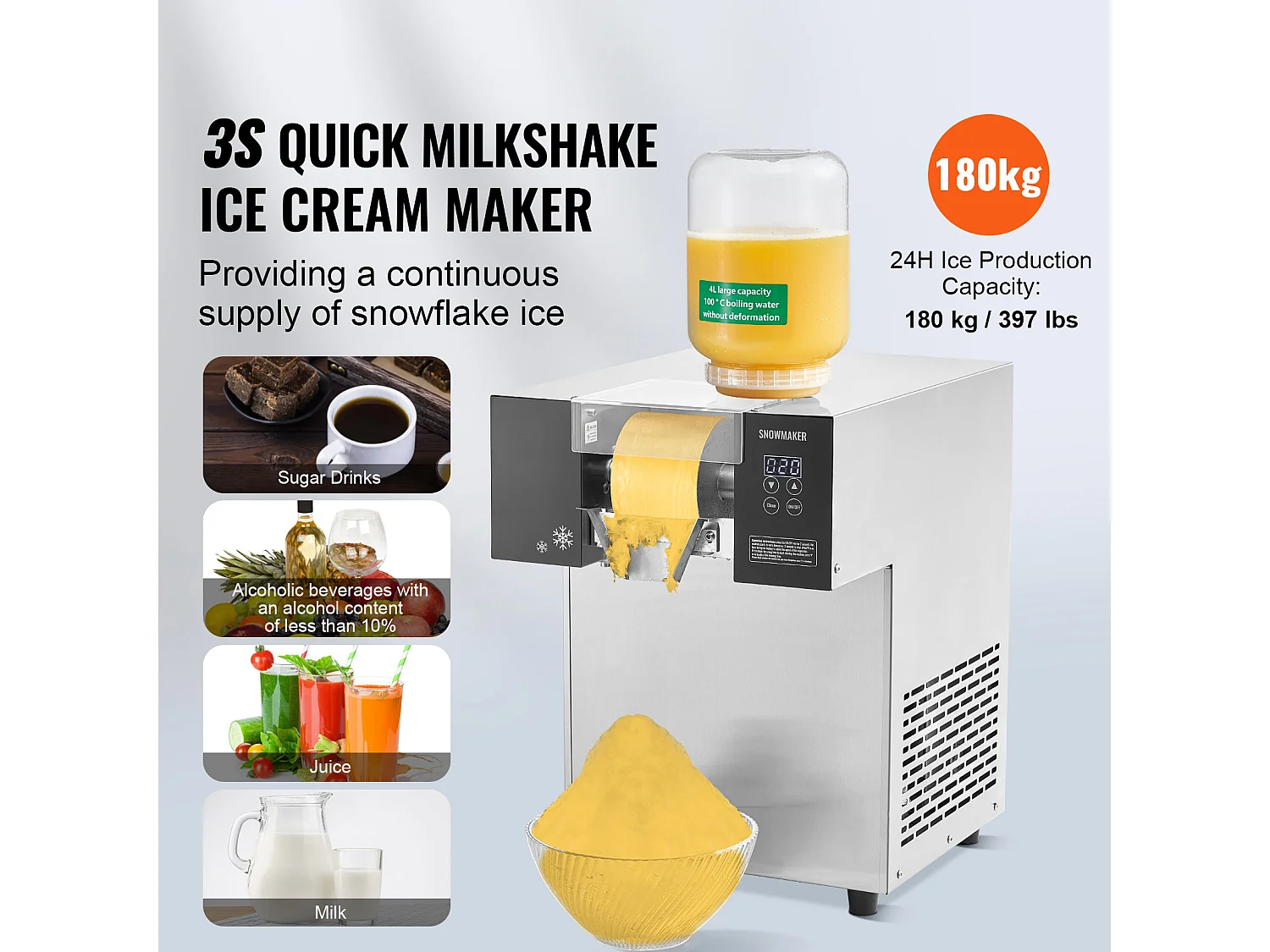 Commerciële Sneeuwvlokjes Ijsmachine SucceBuy, 180 kg/24u in RVS, voor Bakkerijen en Cafés