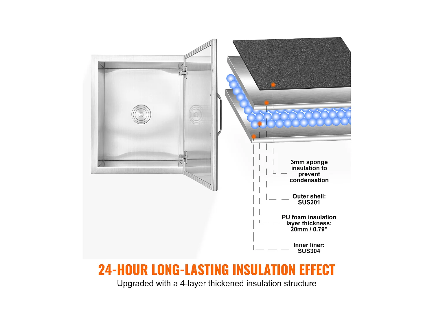 Inbouwkoelkast SucceBuy, 71 x 40 x 43 cm, RVS met Deksel, IJsbar voor Buitenkeuken