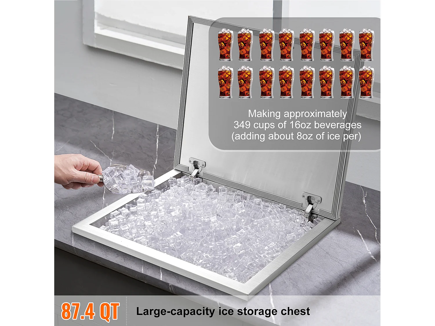 Glacière à Encastrer SucceBuy, 71 x 40 x 43 cm, Acier Inoxydable avec Couvercle, Bar à Glace de Cuisine Extérieure