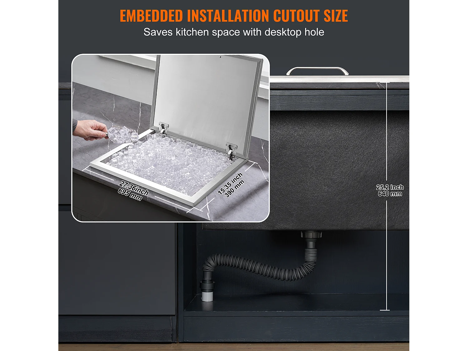 Glacière à Encastrer SucceBuy, 71 x 40 x 43 cm, Acier Inoxydable avec Couvercle, Bar à Glace de Cuisine Extérieure