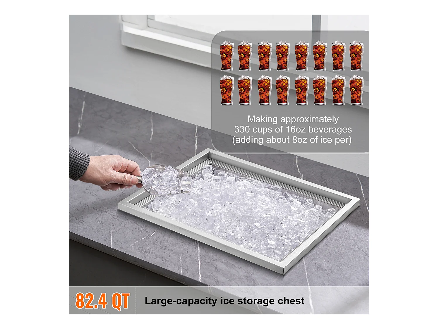 Glacière à Encastrer SucceBuy, 53 x 43 x 46 cm, Bac à Glaçons en Acier Inoxydable avec Couvercle, Bar à Glace de Cuisine Extérieure