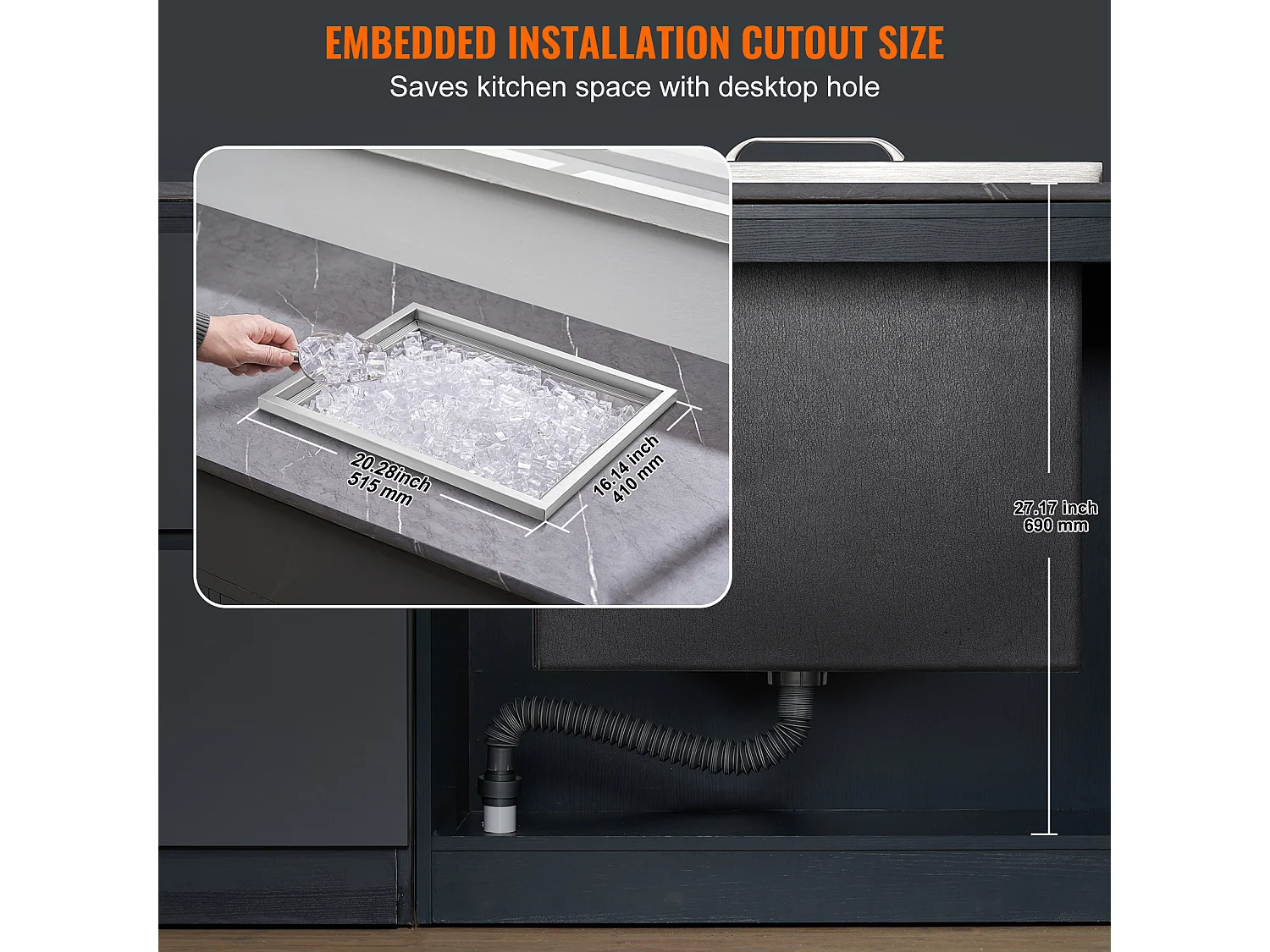 Glacière à Encastrer SucceBuy, 53 x 43 x 46 cm, Bac à Glaçons en Acier Inoxydable avec Couvercle, Bar à Glace de Cuisine Extérieure