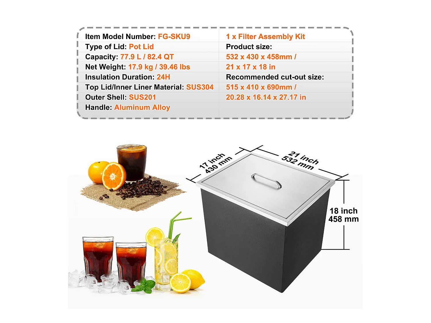 Glacière à Encastrer SucceBuy, 53 x 43 x 46 cm, Bac à Glaçons en Acier Inoxydable avec Couvercle, Bar à Glace de Cuisine Extérieure