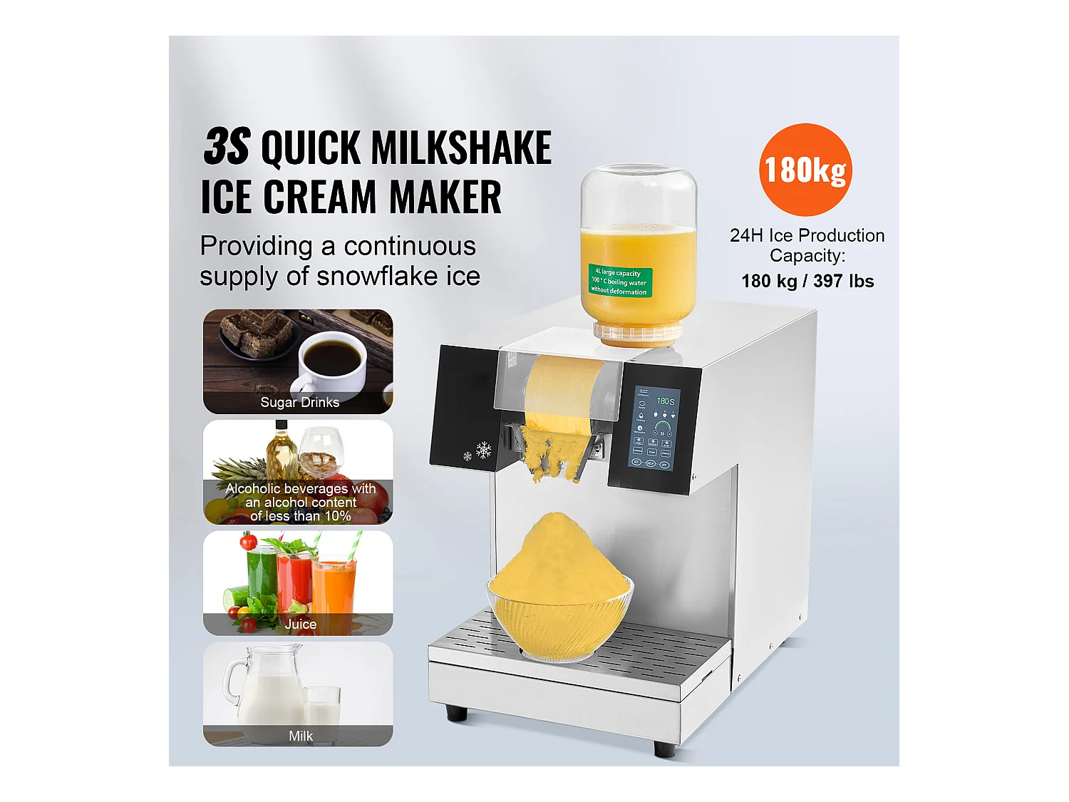 Machine à Glaçons Commerciale SucceBuy en Flocons de Neige, 180 kg/24 H en Acier Inoxydable, pour Boulangerie et Café