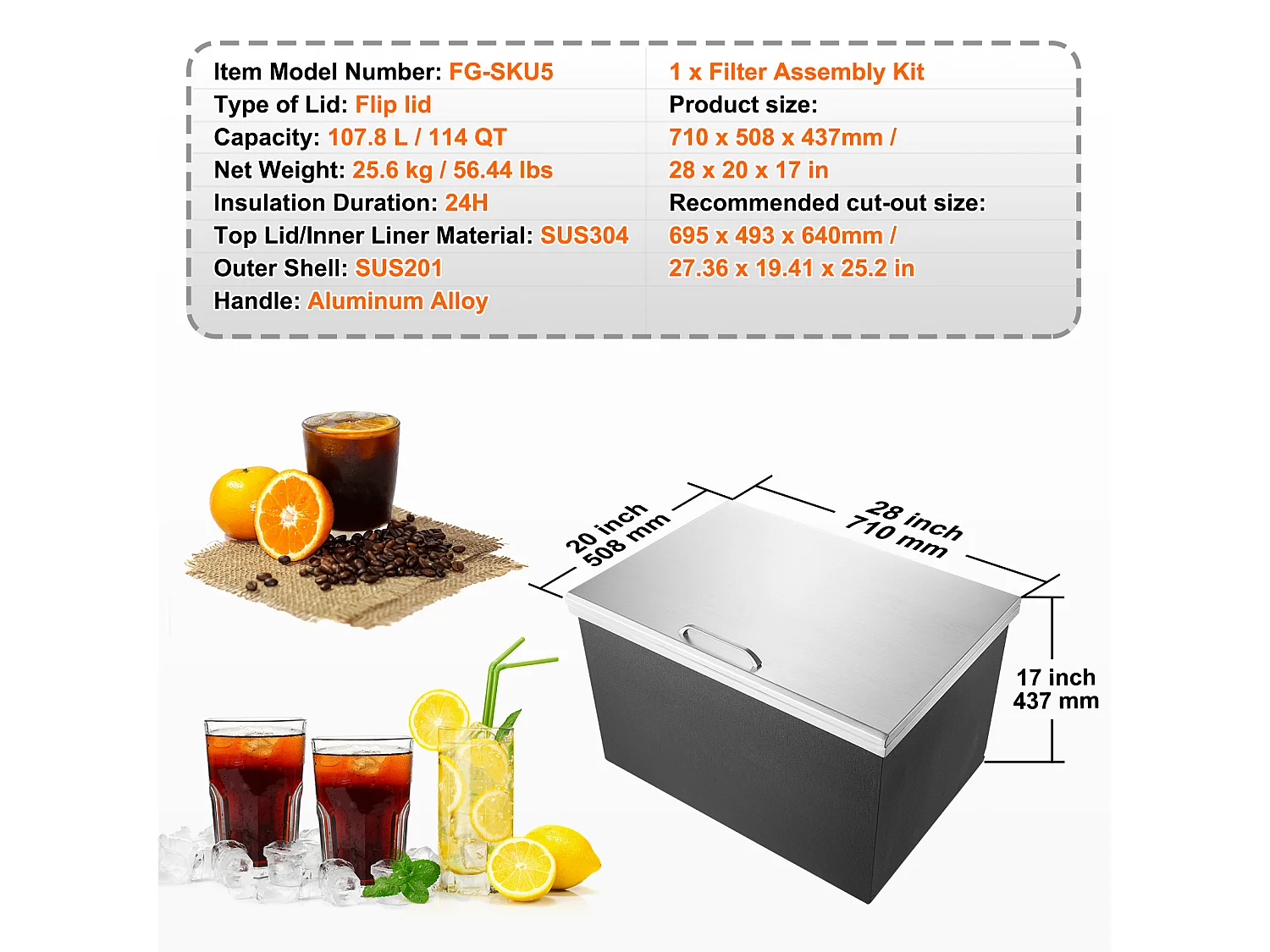 Glacière à Encastrer SucceBuy, 71 x 51 x43 cm, Acier Inoxydable avec Couvercle, Bar à Glace de Cuisine Extérieure