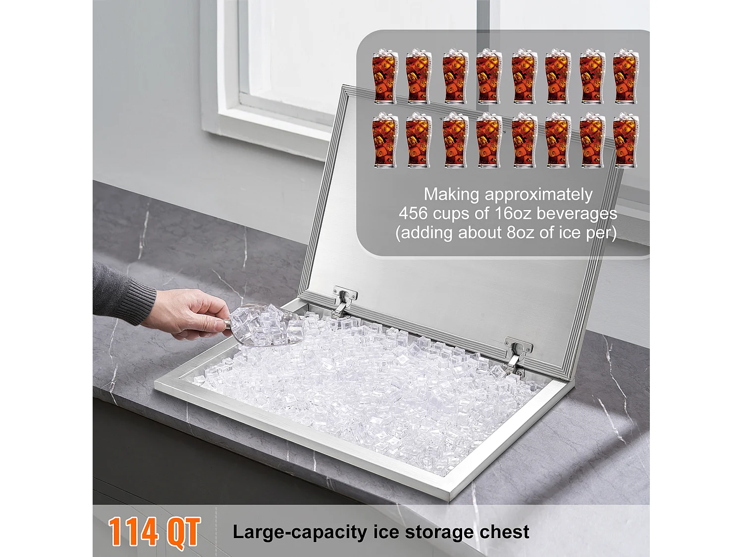 Glacière à Encastrer SucceBuy, 71 x 51 x43 cm, Acier Inoxydable avec Couvercle, Bar à Glace de Cuisine Extérieure