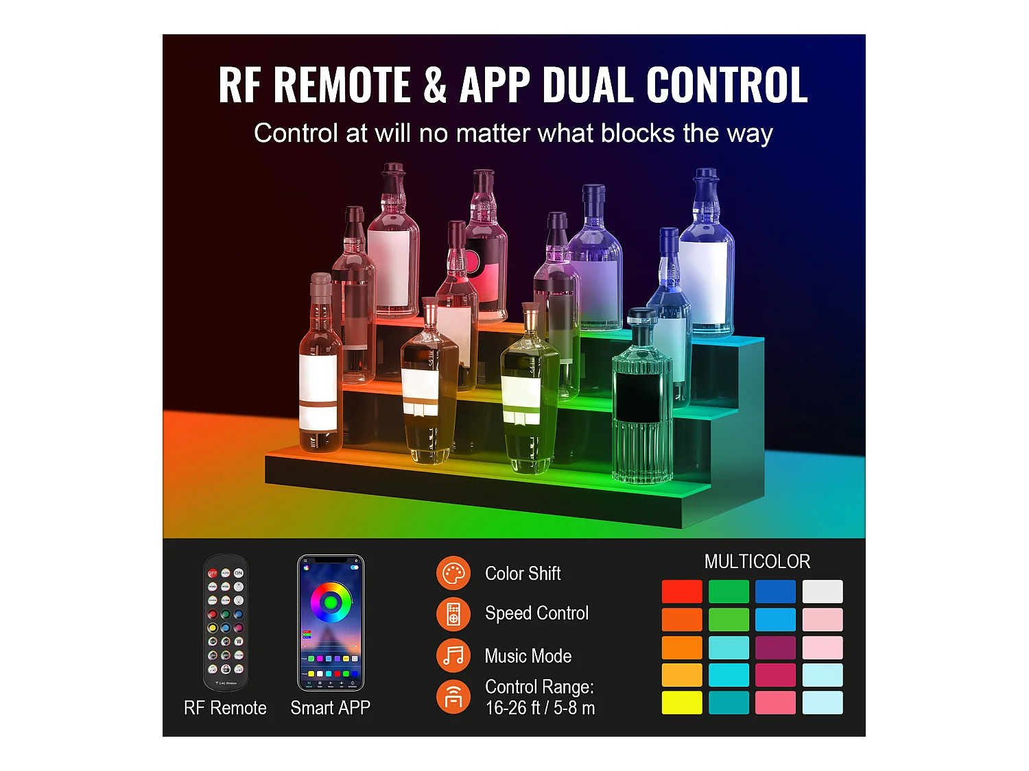 Présentoir de Bouteilles d'Alcool SucceBuy, Éclairé par LED en 3 Étapes, Étagère de Bar 76,2 cm, Contrôle RF et Application