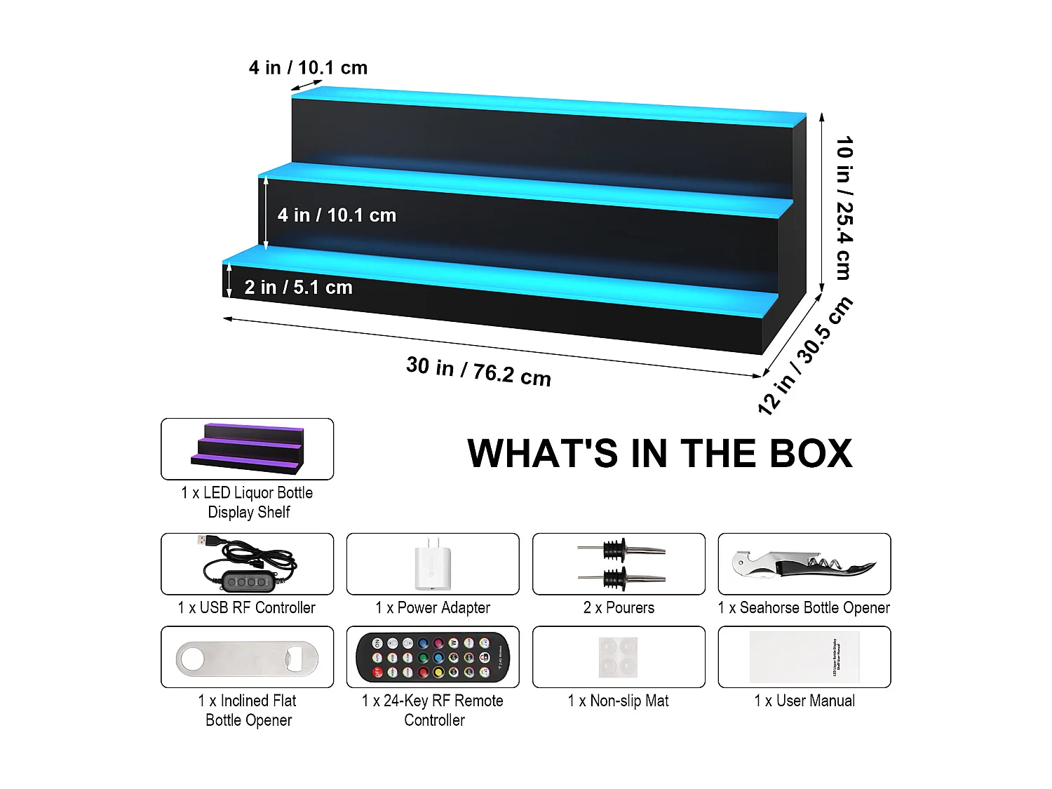 Présentoir de Bouteilles d'Alcool SucceBuy, Éclairé par LED en 3 Étapes, Étagère de Bar 76,2 cm, Contrôle RF et Application