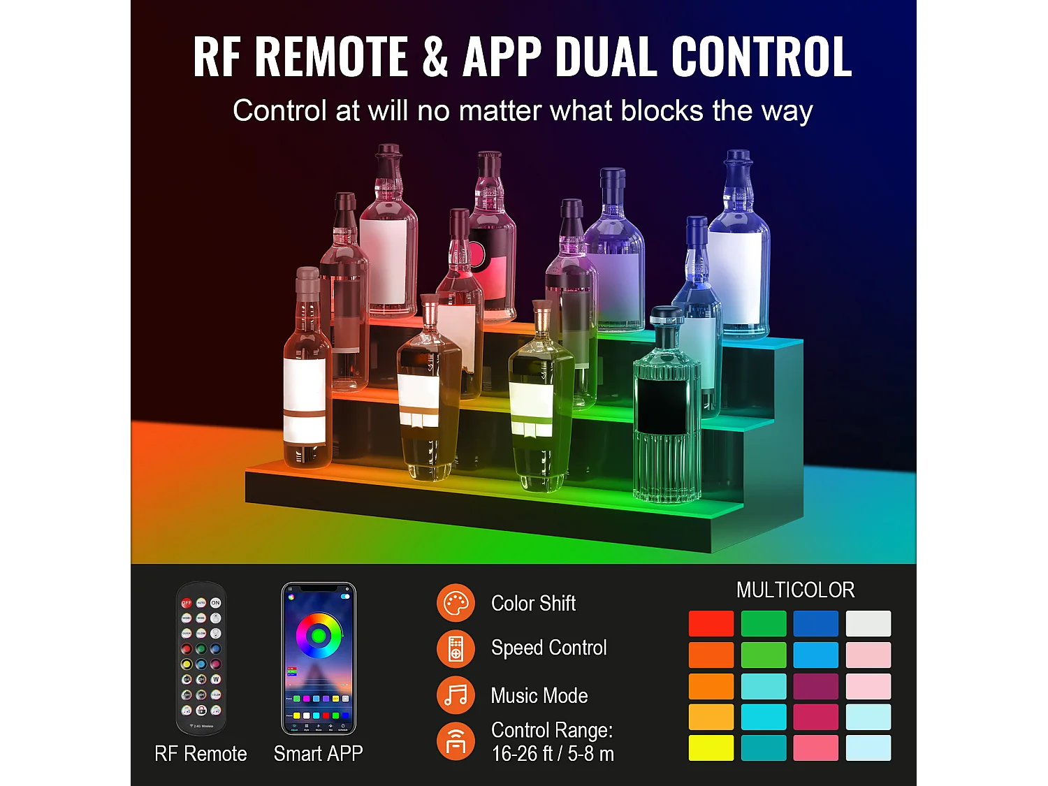 Présentoir de Bouteilles d'Alcool SucceBuy, Éclairé par LED en 3 Étapes, Étagère de Bar 76,2 cm, Contrôle RF et Application