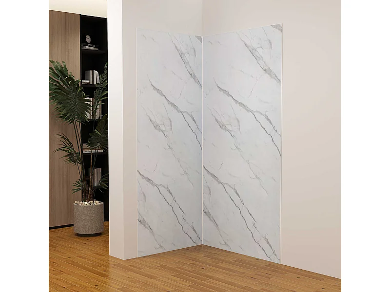 Set van 2 aluminium wanddouchepanelen met wit marmereffect en 3 profielen - L.90 x B.90 x H.210 cm - Waterdicht, duurzaam en eenvoudig te reinigen