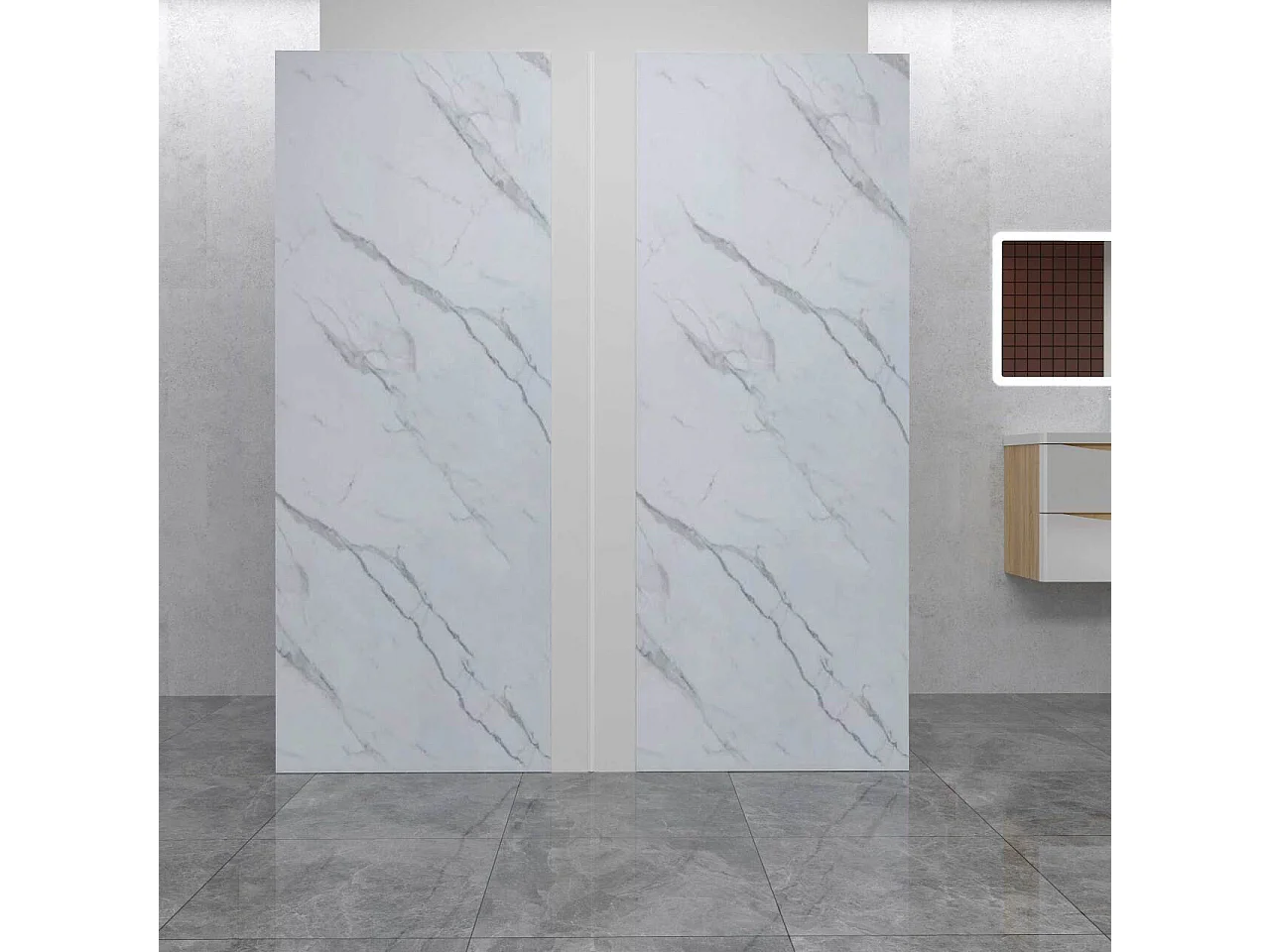 Lot de 2 panneaux muraux de douche effet blanc marbre mural aluminium avec 1 profile - L.90 x L.90 x H.210 cm - Étanche, durable et facile à nettoyer