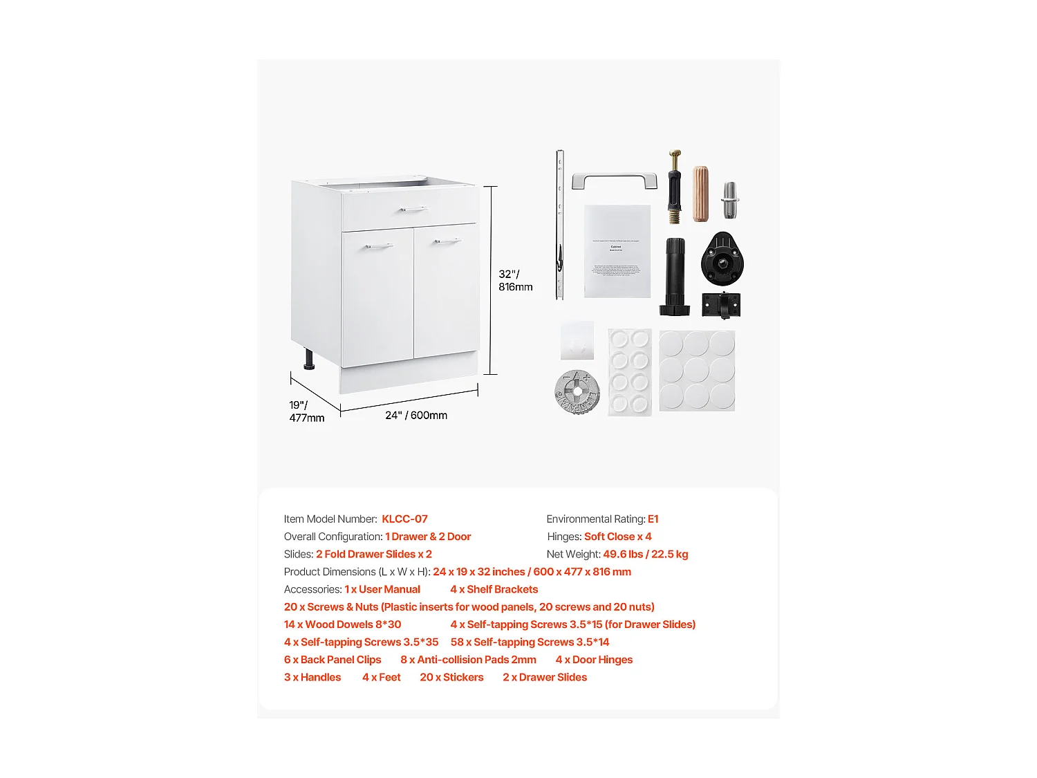 Lage Kast SucceBuy Shaker van 61cm met Lade Klaar om te Monteren, 1 Lade, met Sluitdeuren, Modern en Functioneel