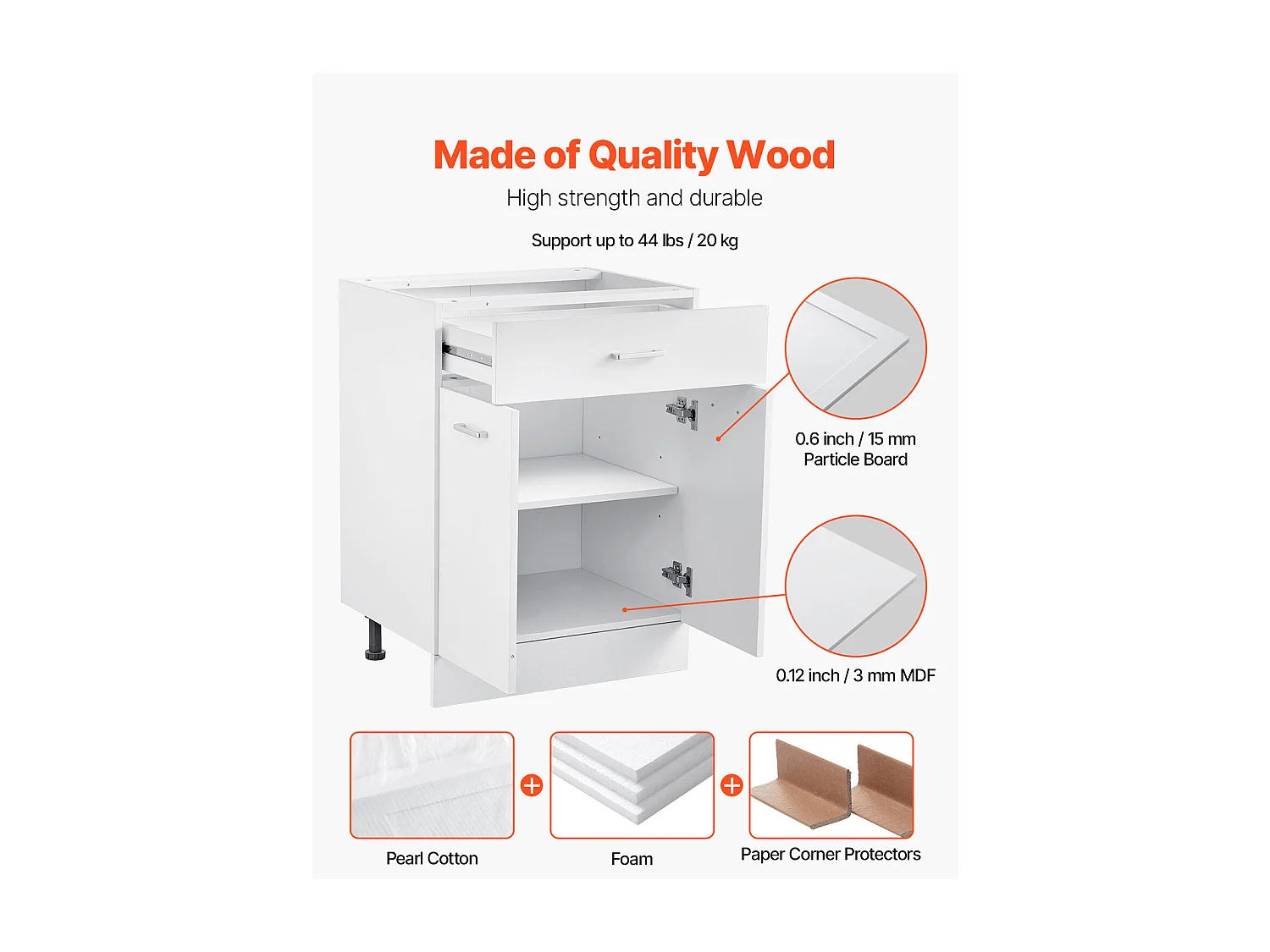 Lage Kast SucceBuy Shaker van 61cm met Lade Klaar om te Monteren, 1 Lade, met Sluitdeuren, Modern en Functioneel