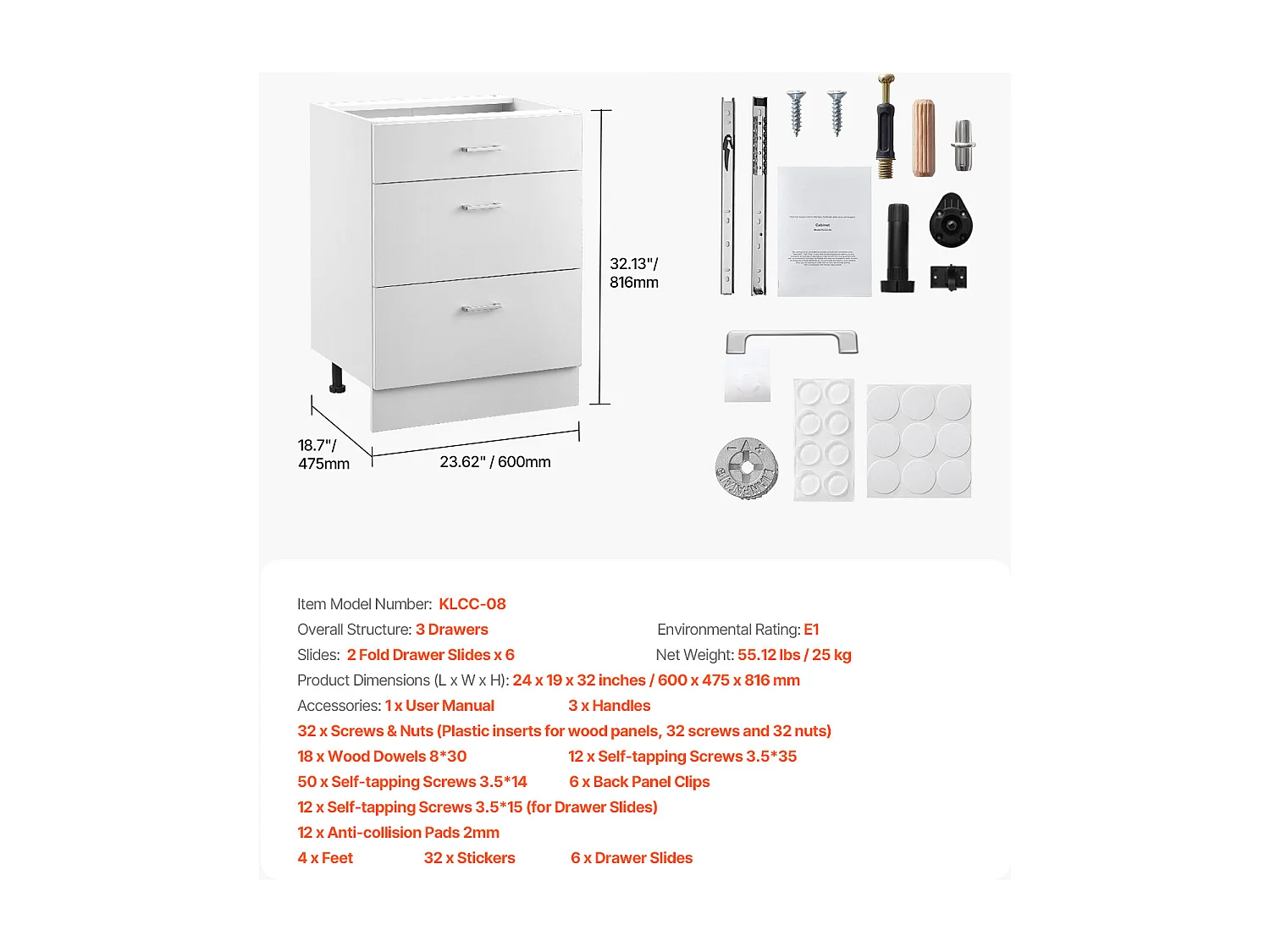 Meble Niskie SucceBuy Shaker 61cm x 48cm x 81cm Gotowy do Złożenia, 3 Szuflady, Nie Zmontowany z Szynami Zamykania Tłumionego, Gotowy do Złożenia