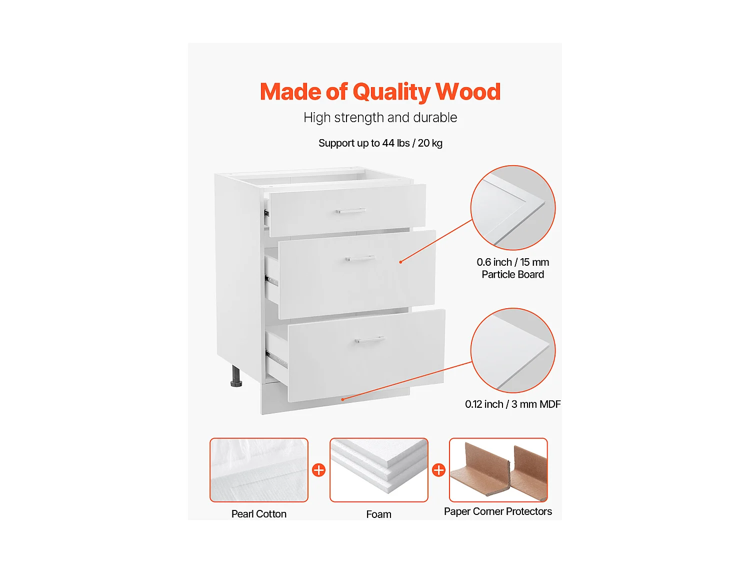 Meble Niskie SucceBuy Shaker 61cm x 48cm x 81cm Gotowy do Złożenia, 3 Szuflady, Nie Zmontowany z Szynami Zamykania Tłumionego, Gotowy do Złożenia